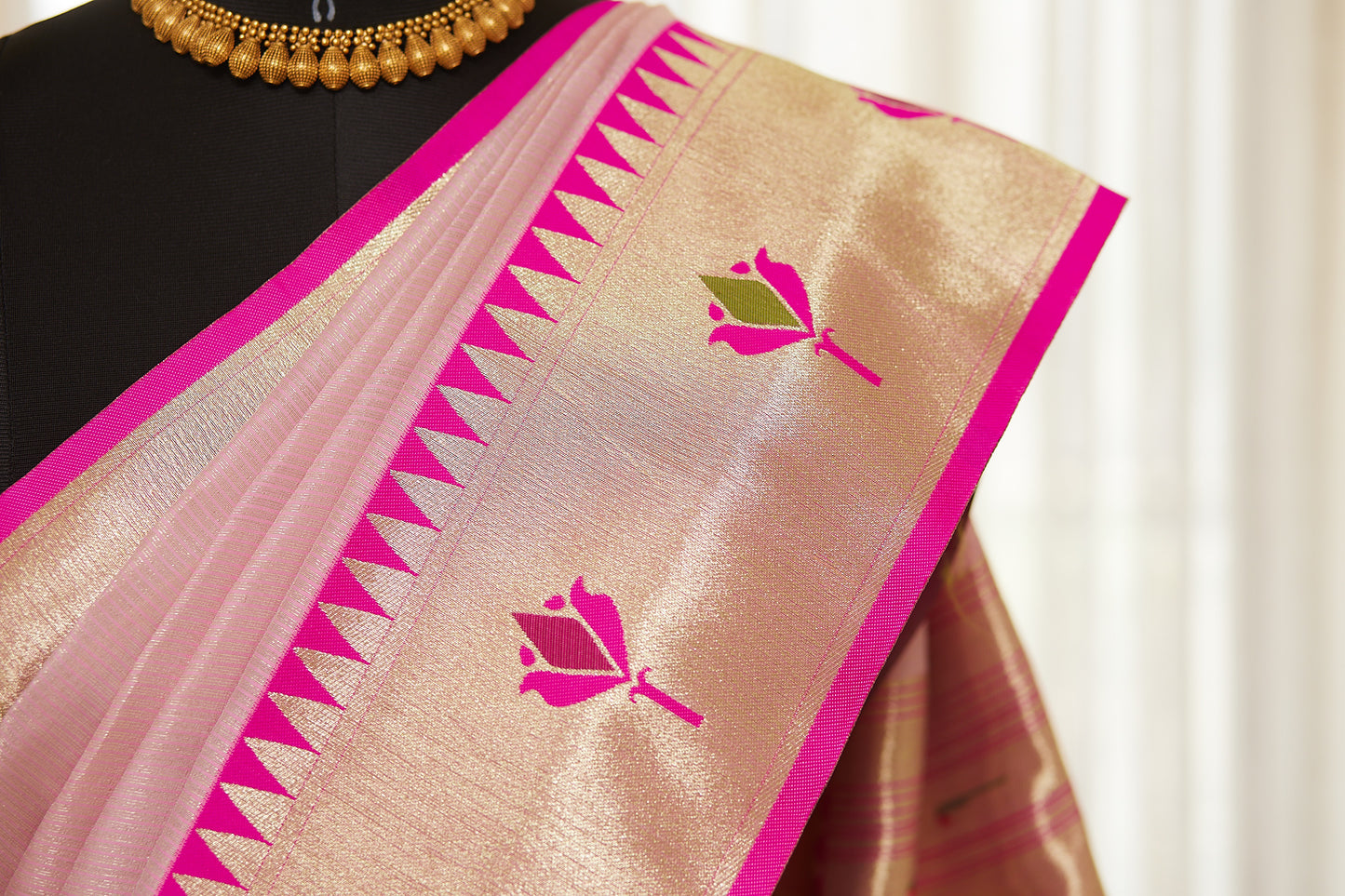 Pastel Pink Gold Zari Lotus Tissue Paithani