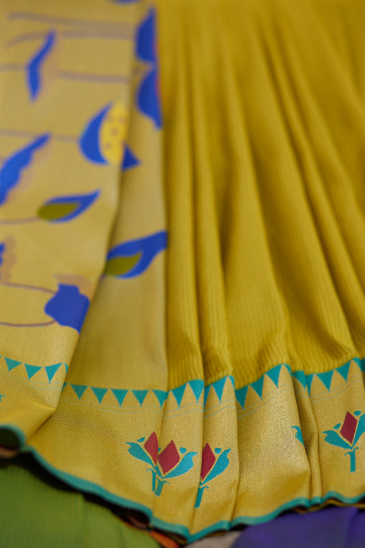 Lime Green Gold Zari Lotus Tissue Paithani
