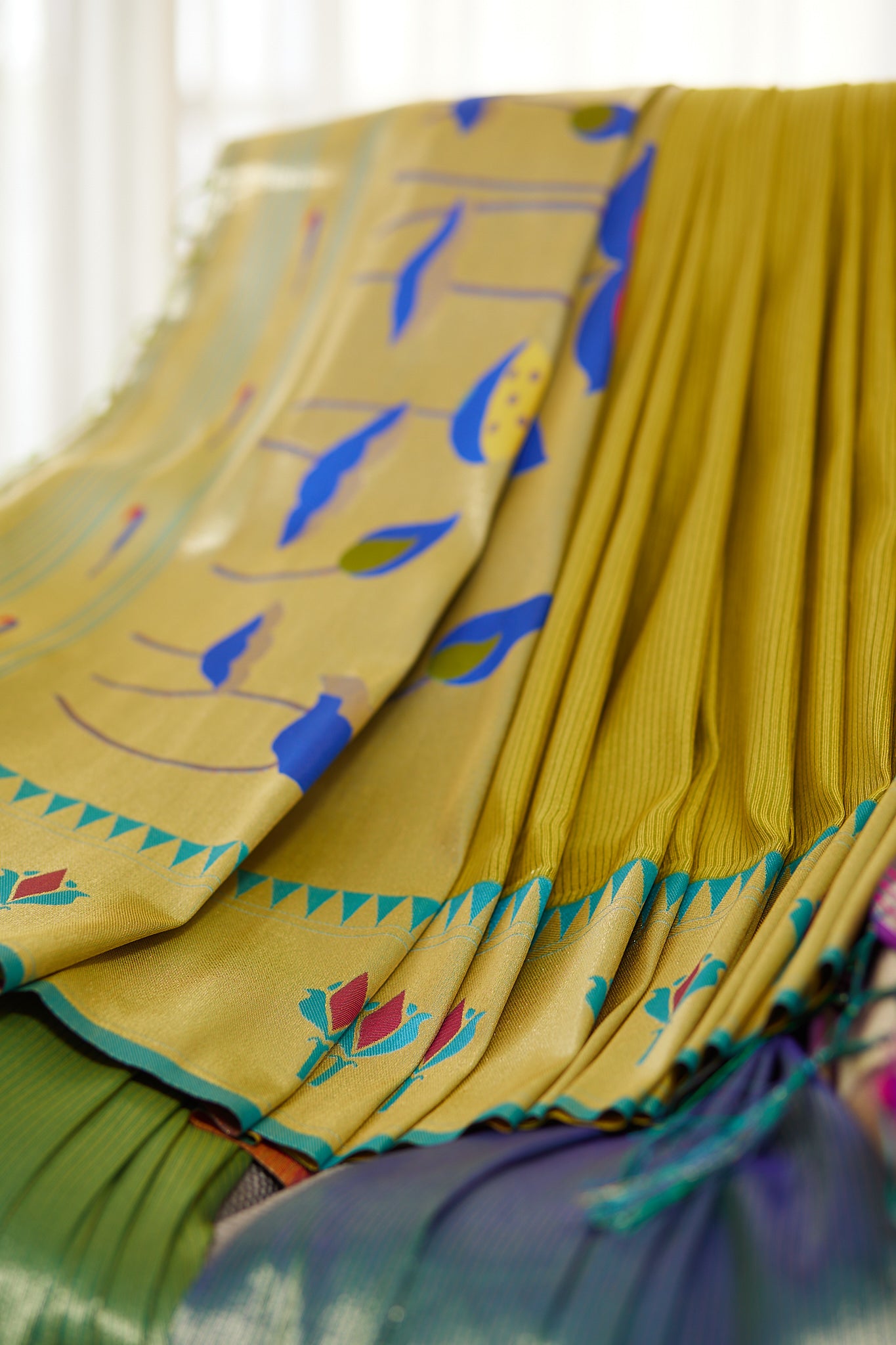 Lime Green Gold Zari Lotus Tissue Paithani