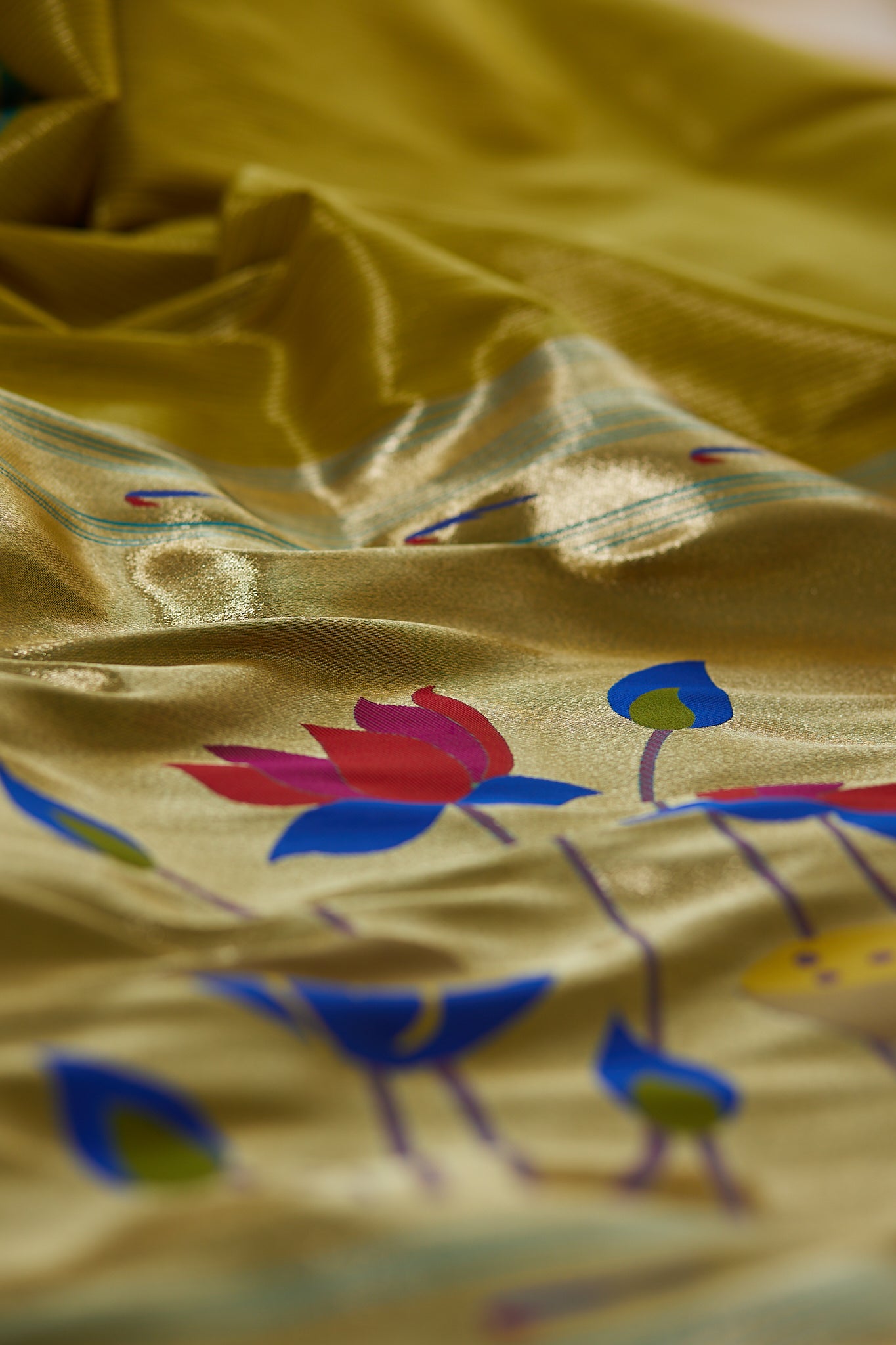 Lime Green Gold Zari Lotus Tissue Paithani
