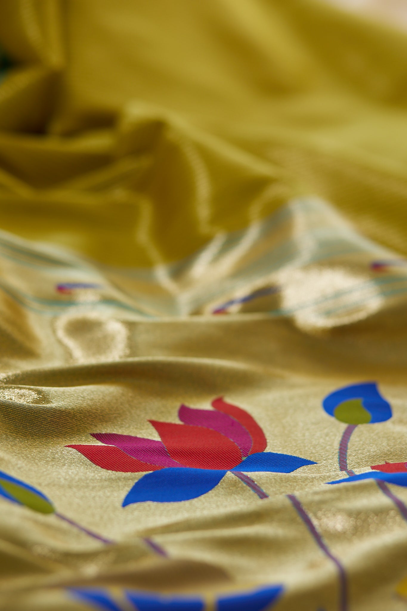 Lime Green Gold Zari Lotus Tissue Paithani