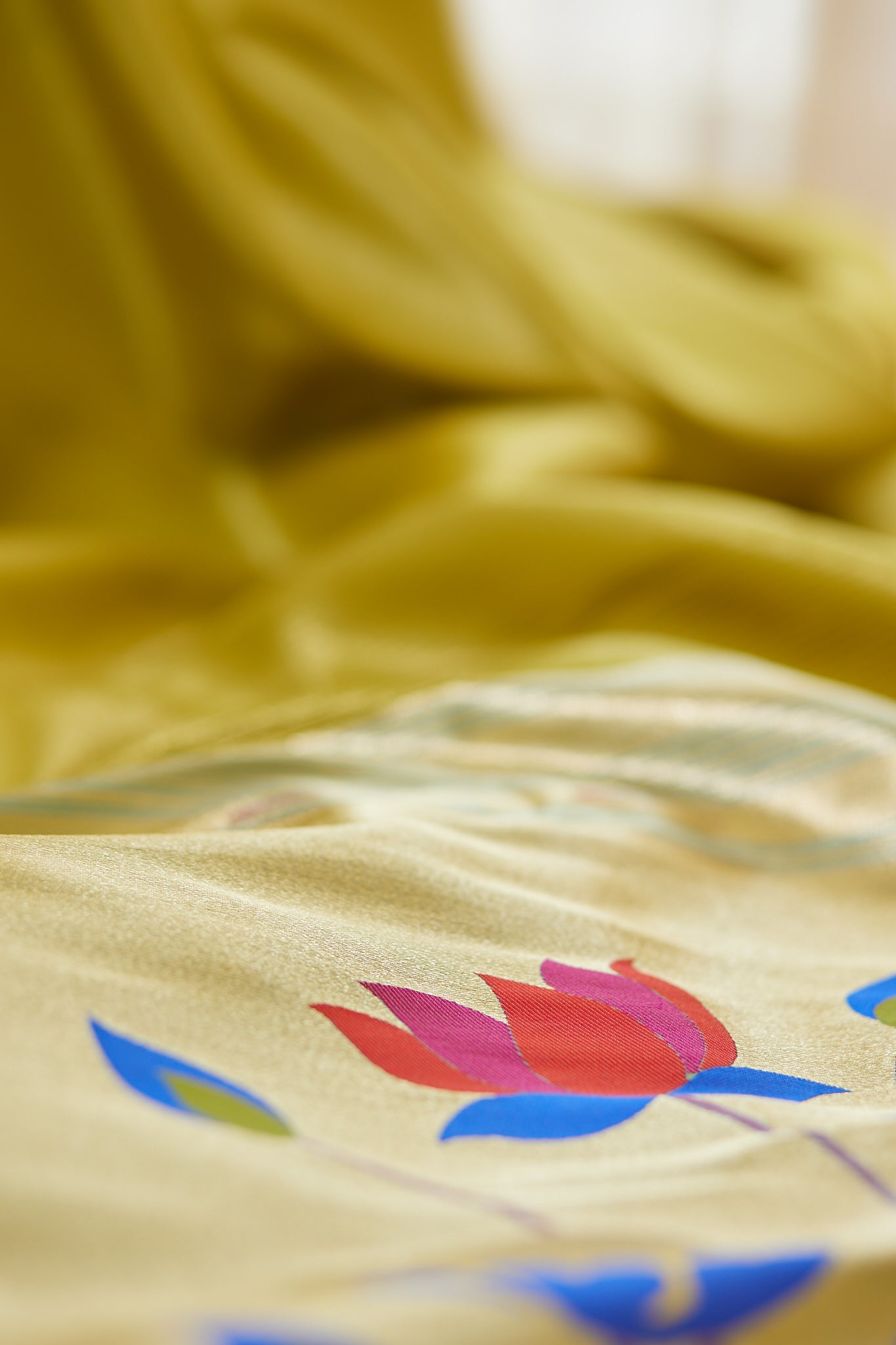 Lime Green Gold Zari Lotus Tissue Paithani