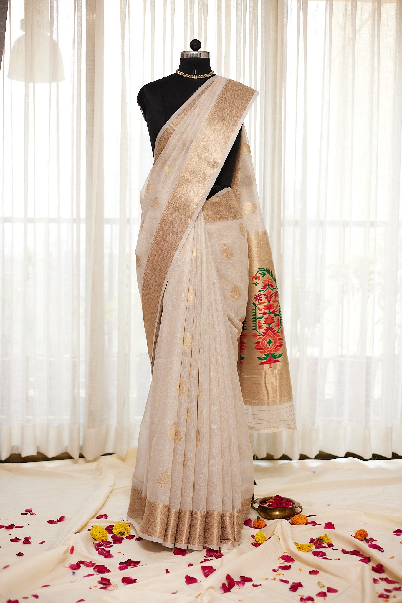 Off White Silk Blend Tissue  Paithani Saree with unstitched blouse