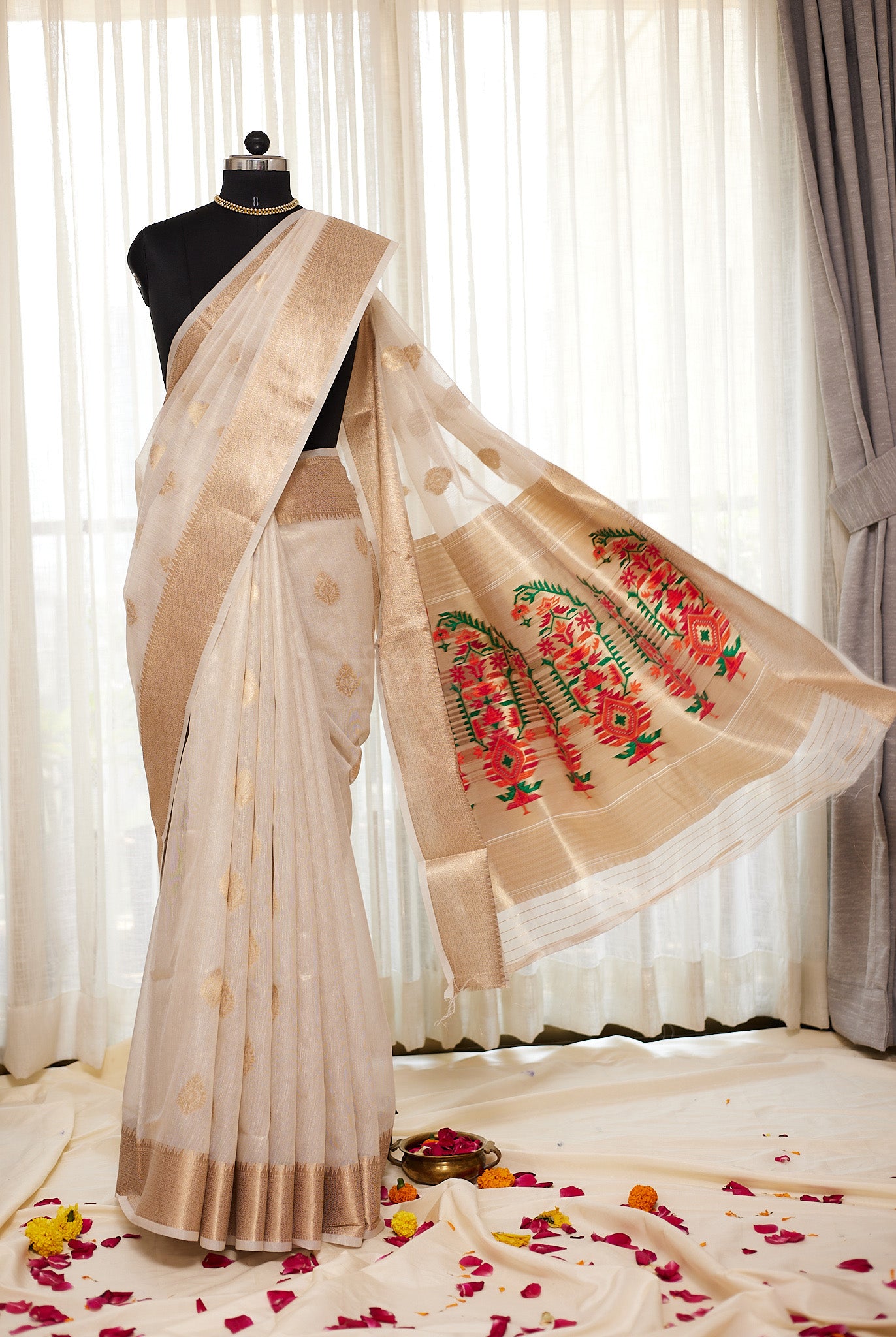 Off White Silk Blend Tissue  Paithani Saree with unstitched blouse