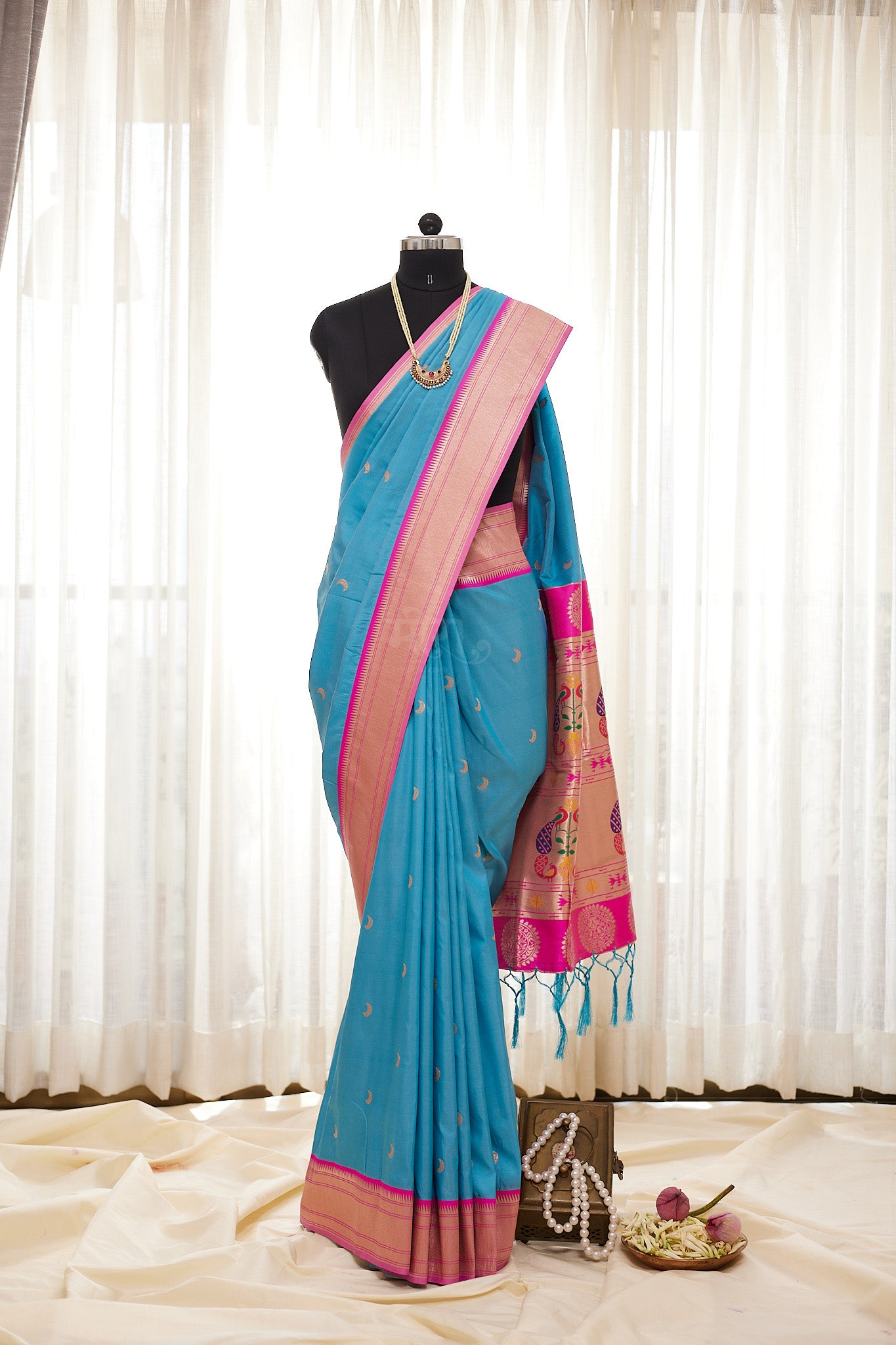 Sky Blue  Kanjivaram Silk blend Chandarkor Paithani Saree with unstitched blouse