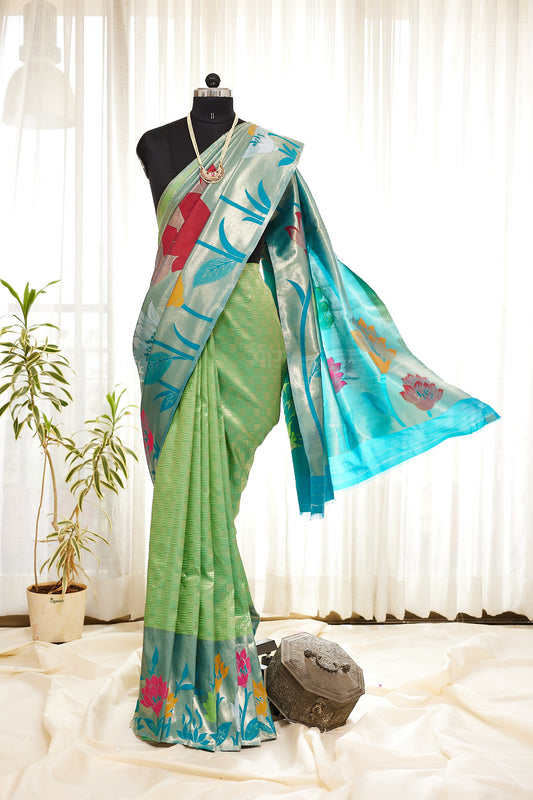 Light Green silk blend Paithani Saree with big motif border with unstitched blouse