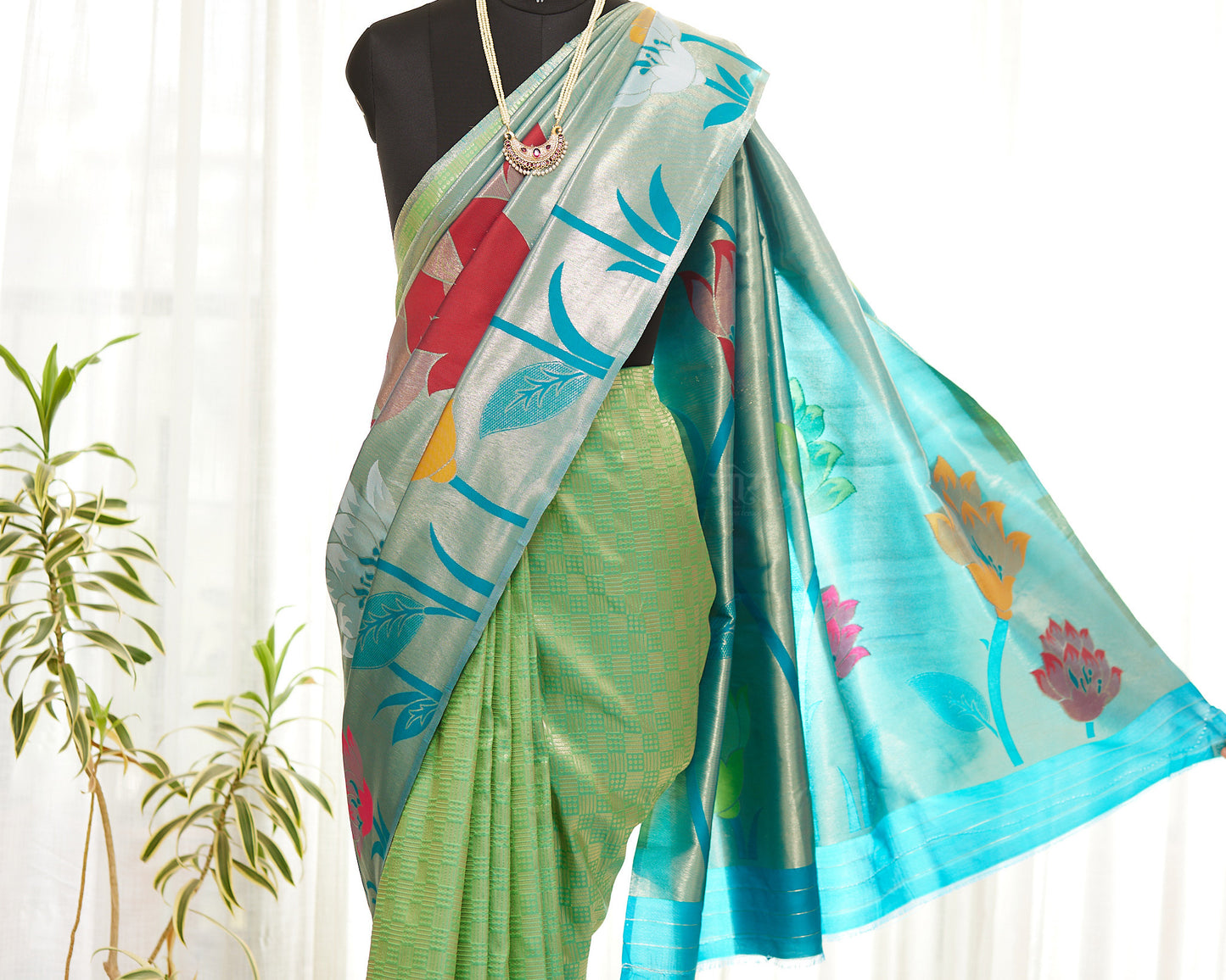 Light Green silk blend Paithani Saree with big motif border with unstitched blouse