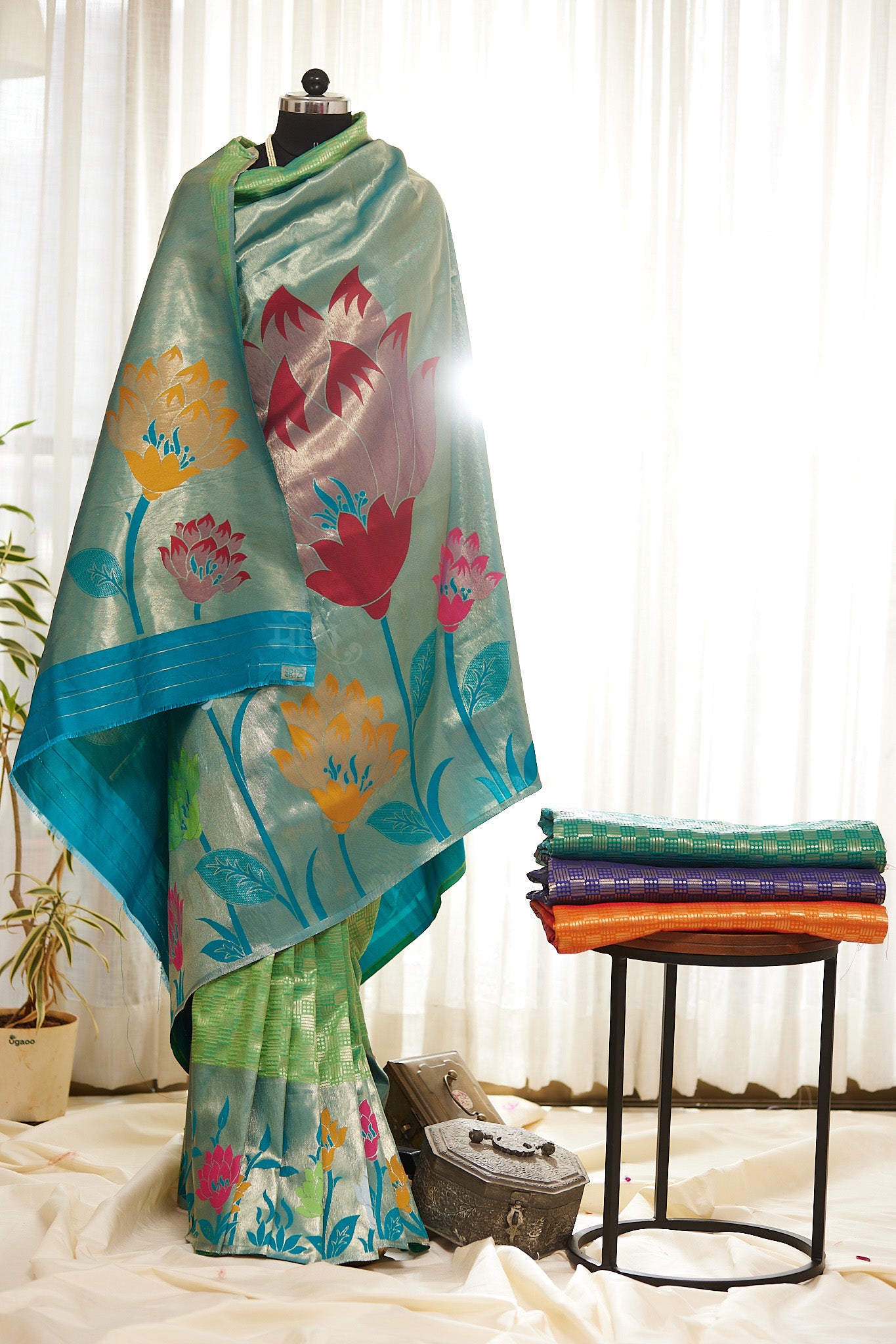 Light Green silk blend Paithani Saree with big motif border with unstitched blouse