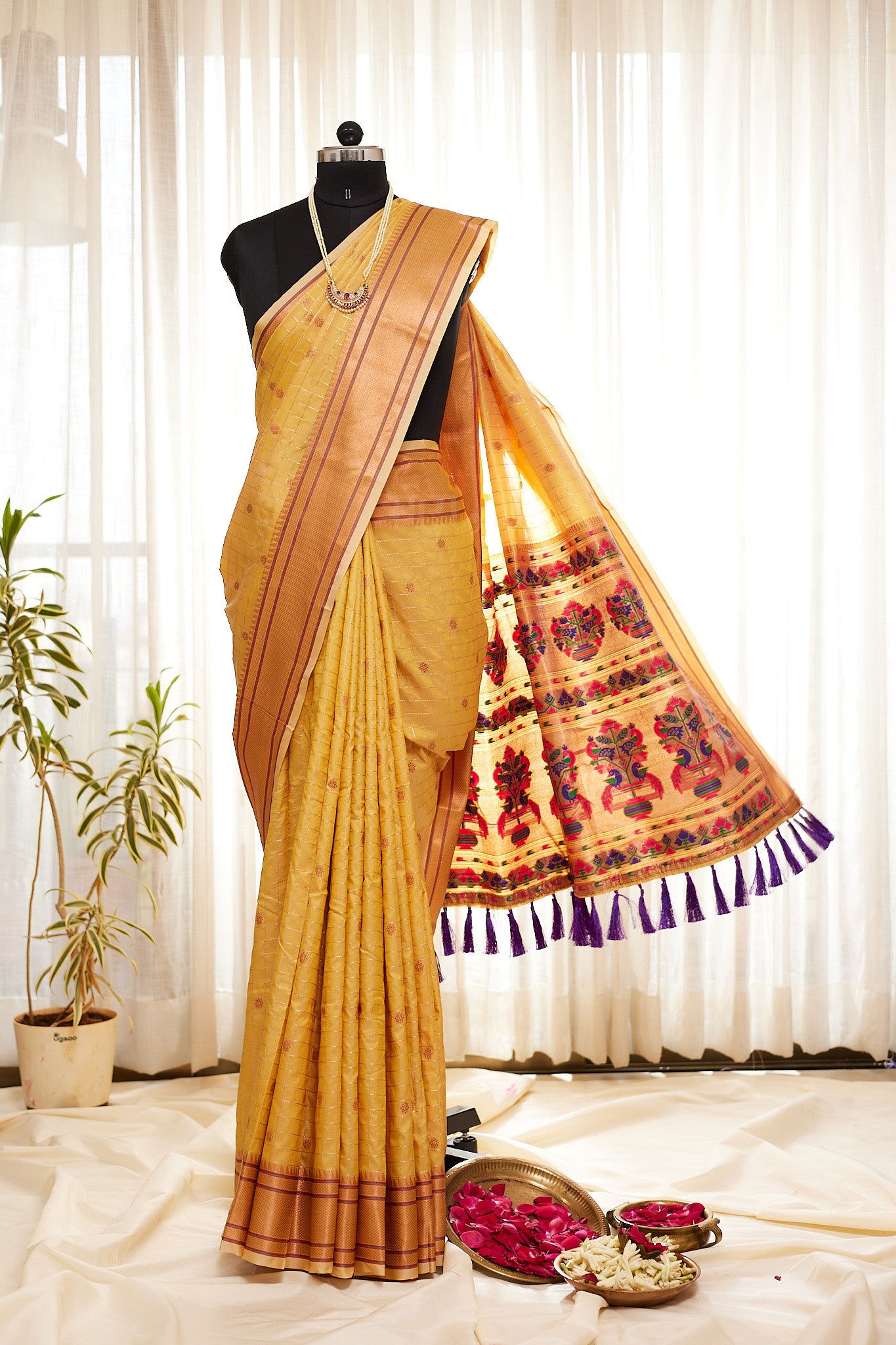 Yellow silk blend Paithani Saree with unstitched blouse