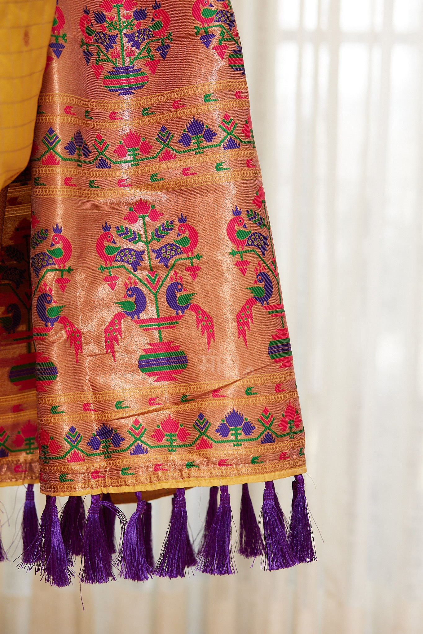 Yellow silk blend Paithani Saree with unstitched blouse