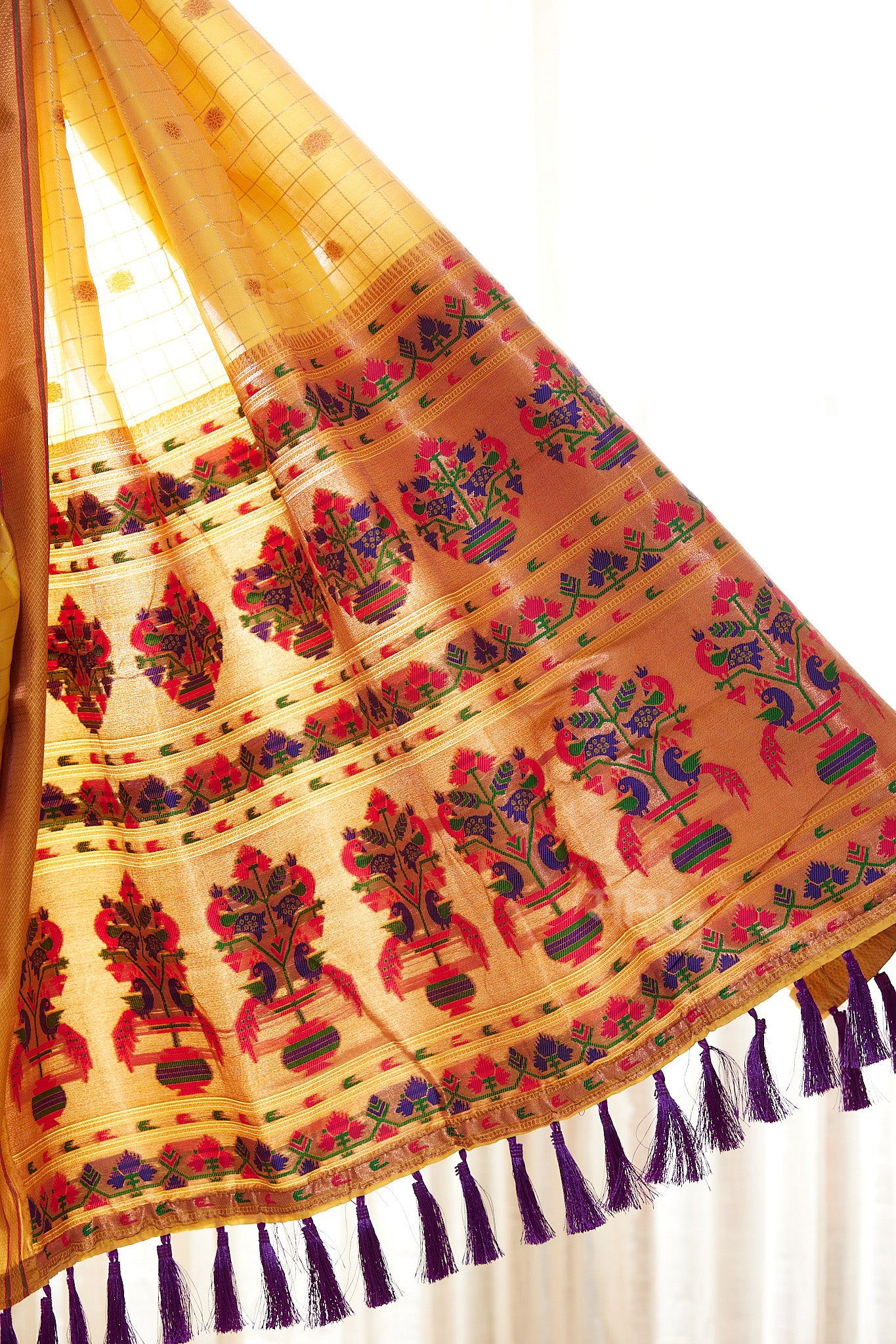 Yellow silk blend Paithani Saree with unstitched blouse