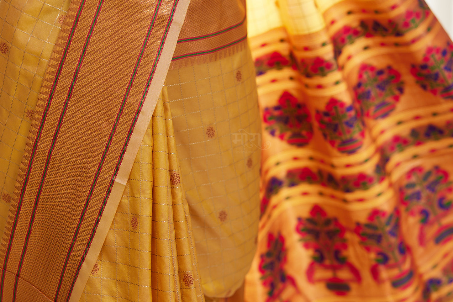 Yellow silk blend Paithani Saree with unstitched blouse