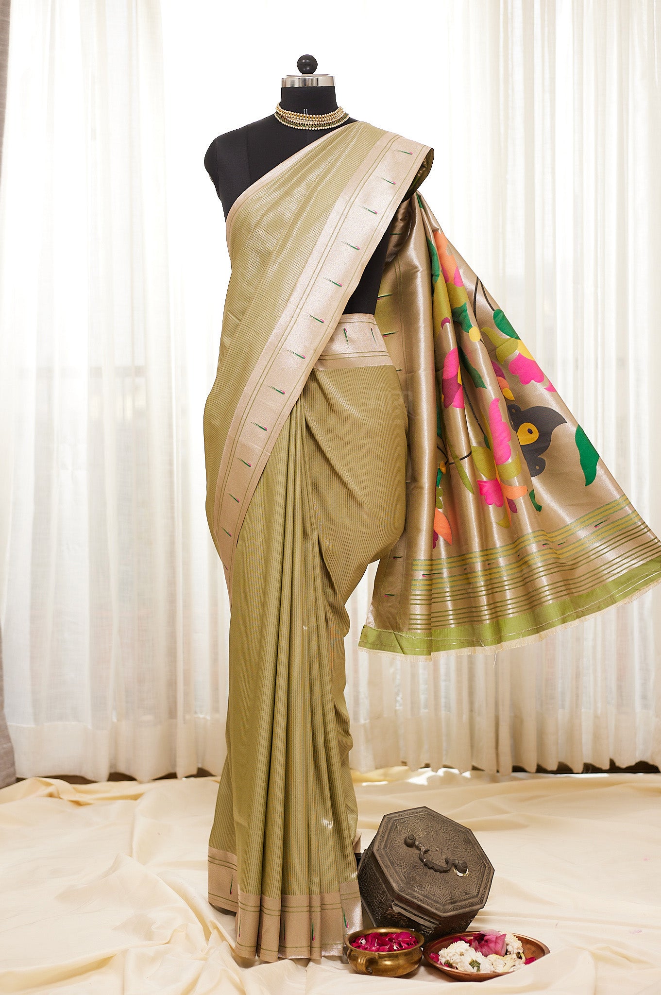 Light Green Silk blend Paithani Saree with unstitched blouse