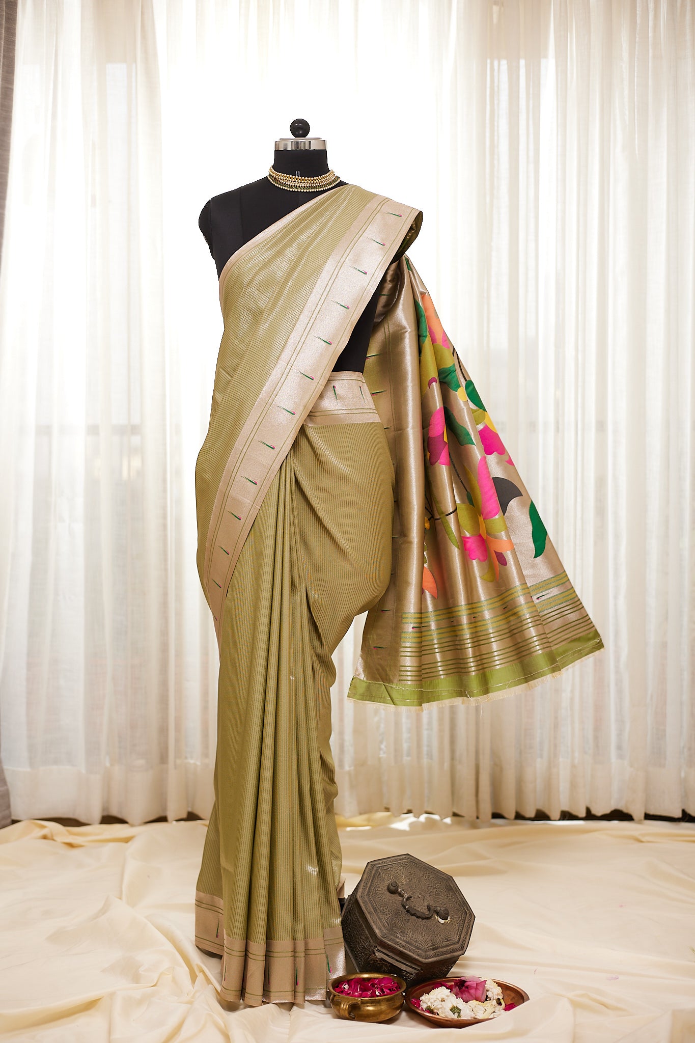 Saga Green Stripped Tissue Silk Paithani