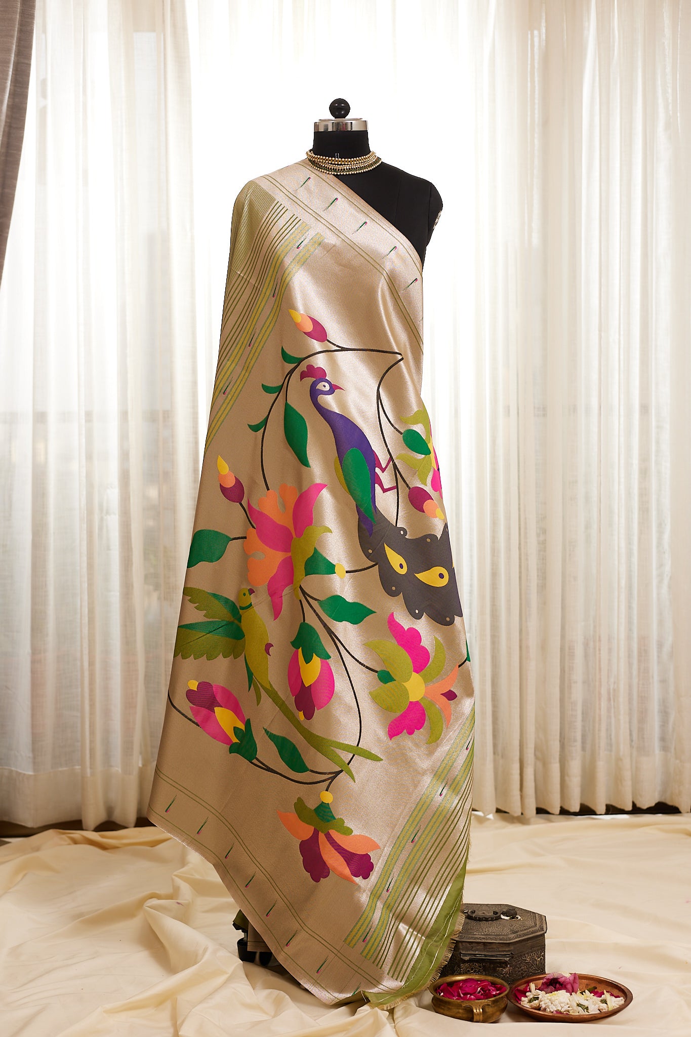 Saga Green Stripped Tissue Silk Paithani
