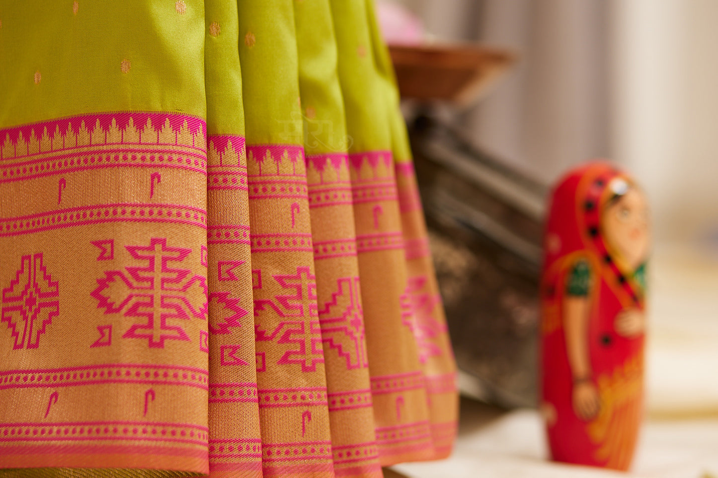 Parrot green Kanjivaram Silk blend Paithani Saree with unstitched blouse