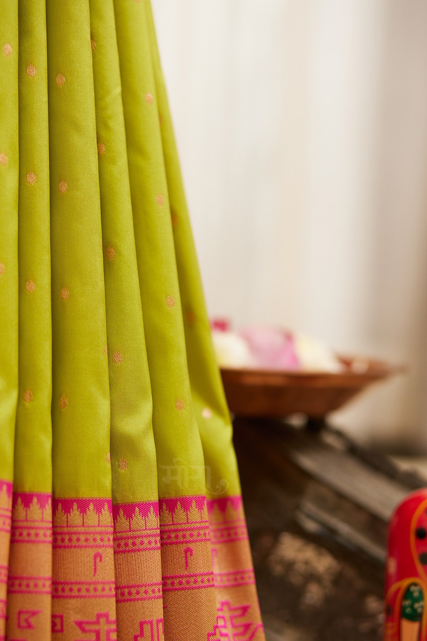 Parrot green Kanjivaram Silk blend Paithani Saree with unstitched blouse