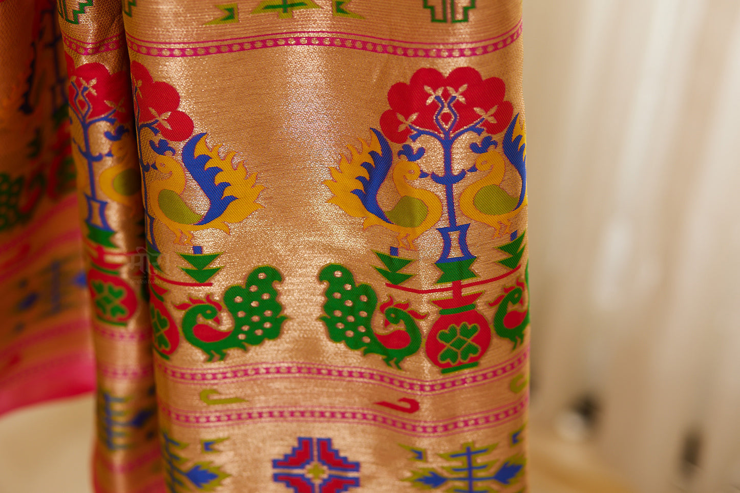 Parrot green Kanjivaram Silk blend Paithani Saree with unstitched blouse