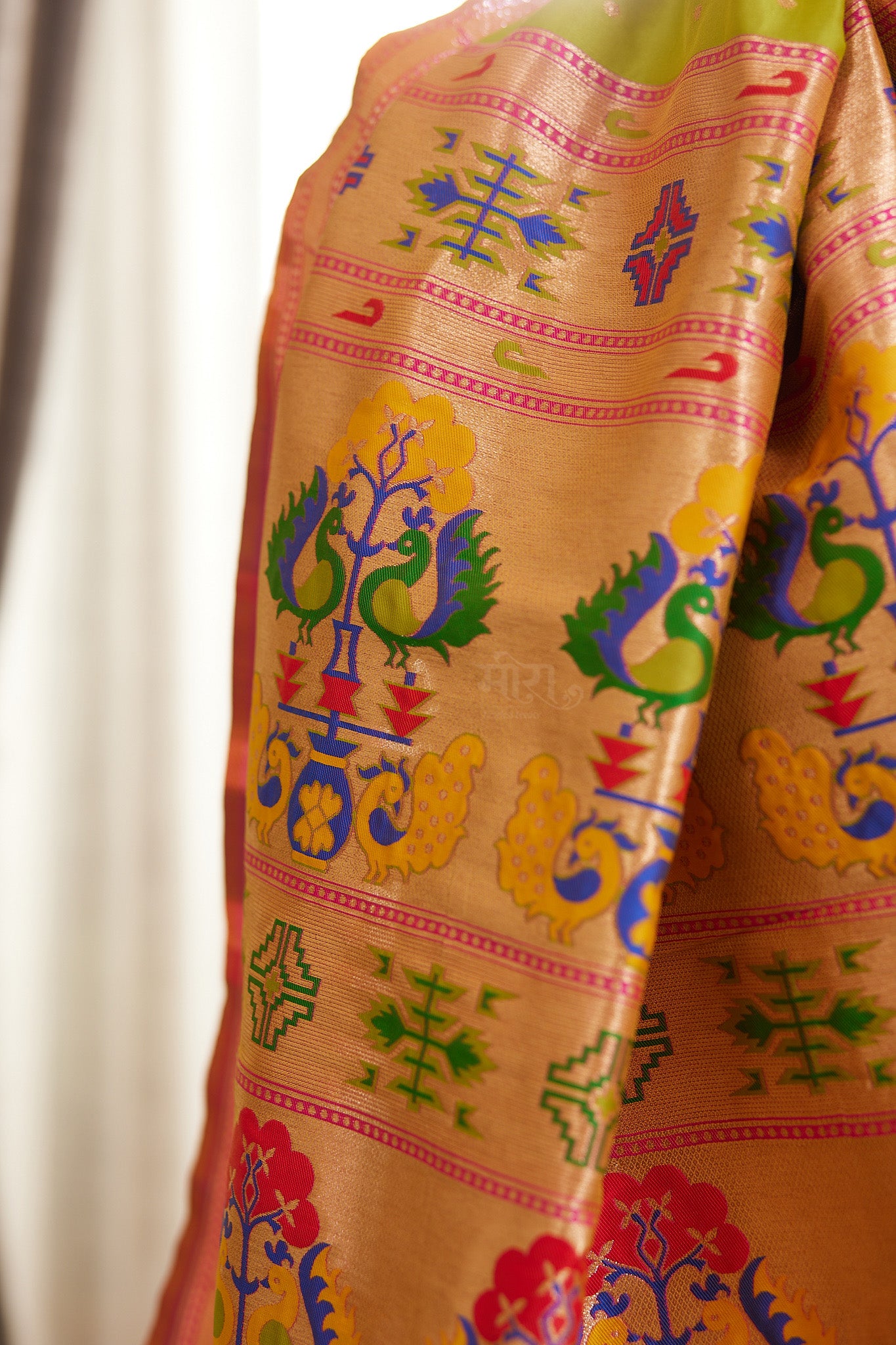 Parrot green Kanjivaram Silk blend Paithani Saree with unstitched blouse