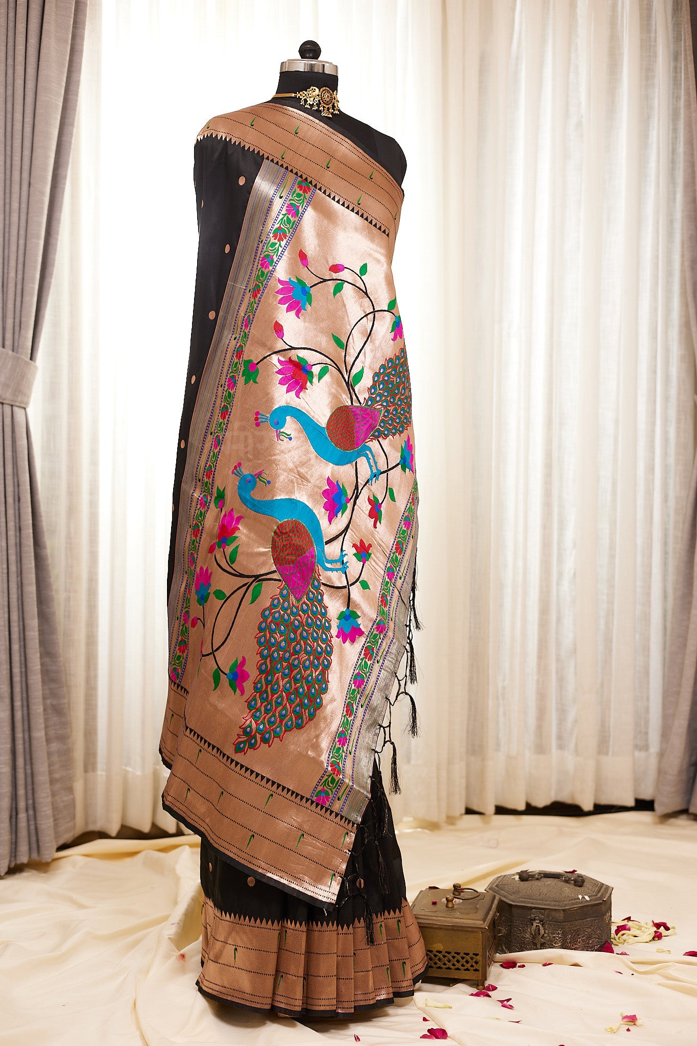 Black Kanjivaram Silk blend Paithani Saree with unstitched blouse