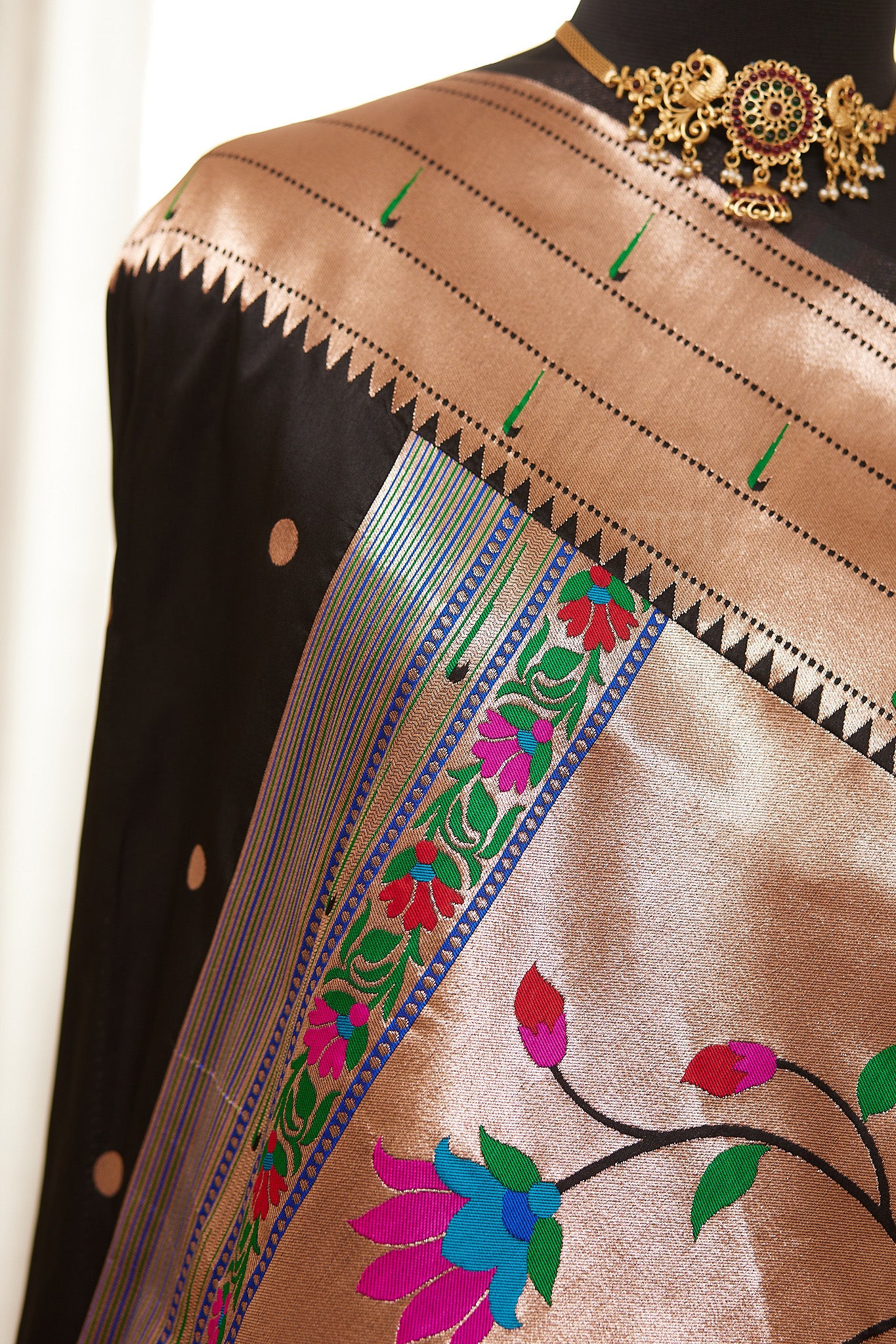 Black Kanjivaram Silk blend Paithani Saree with unstitched blouse
