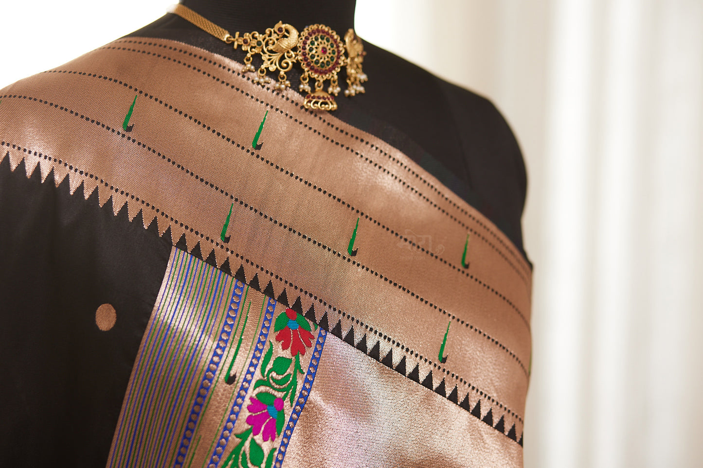 Black Kanjivaram Silk blend Paithani Saree with unstitched blouse