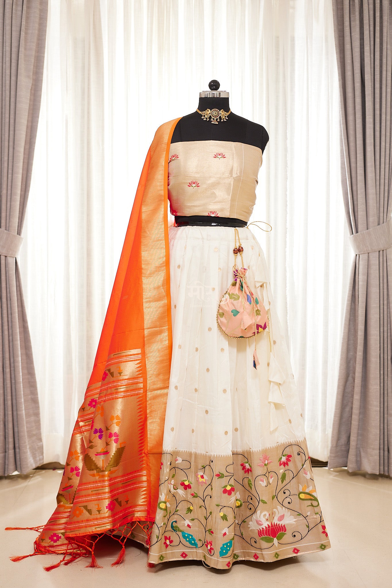 Off White & Orange Zari Weaving Paithani Lehenga with Unstitched Blouse & Dupatta