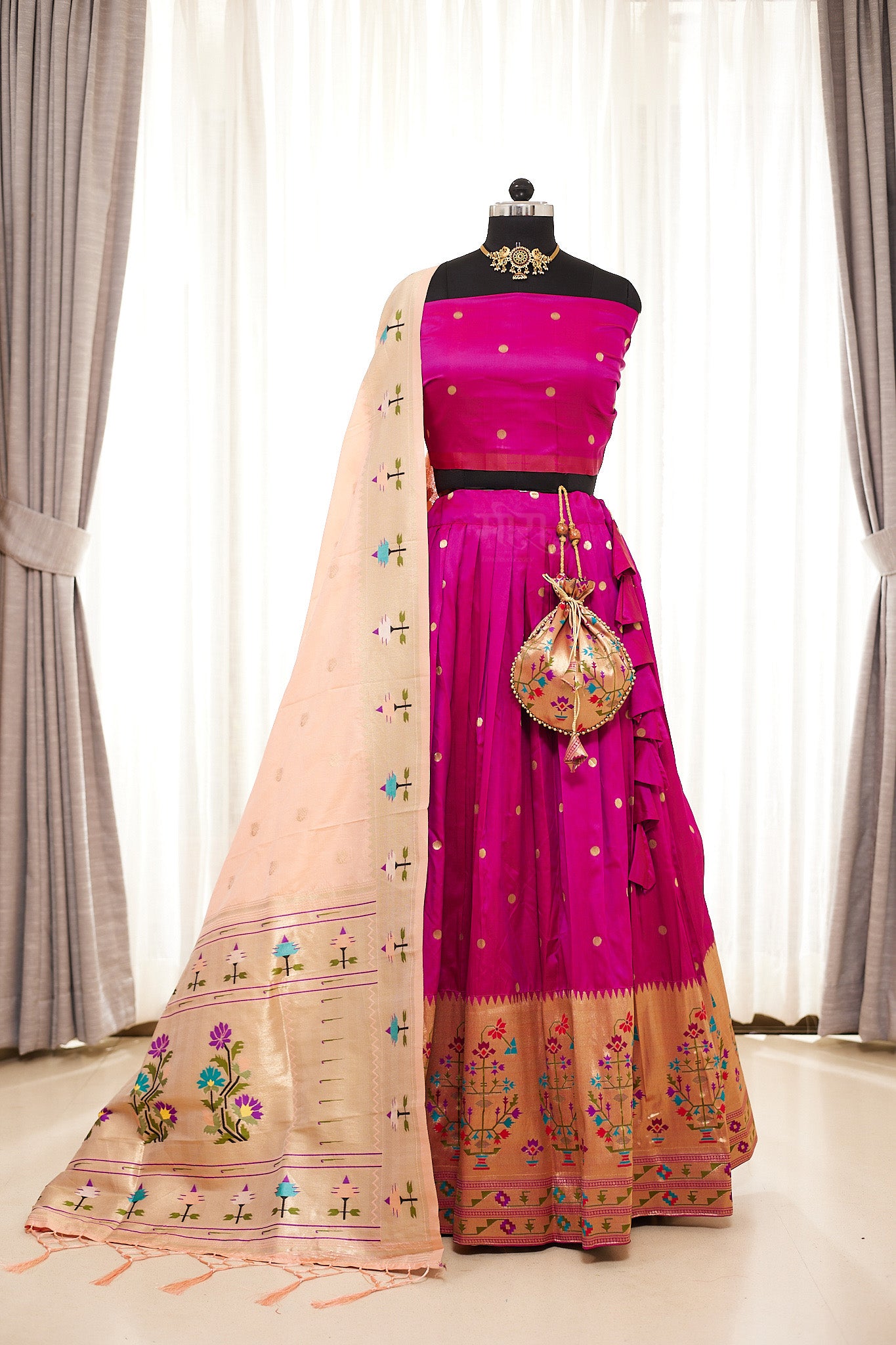 Magenta & Peach Zari Weaving Paithani Lehenga with Unstitched Blouse & Dupatta