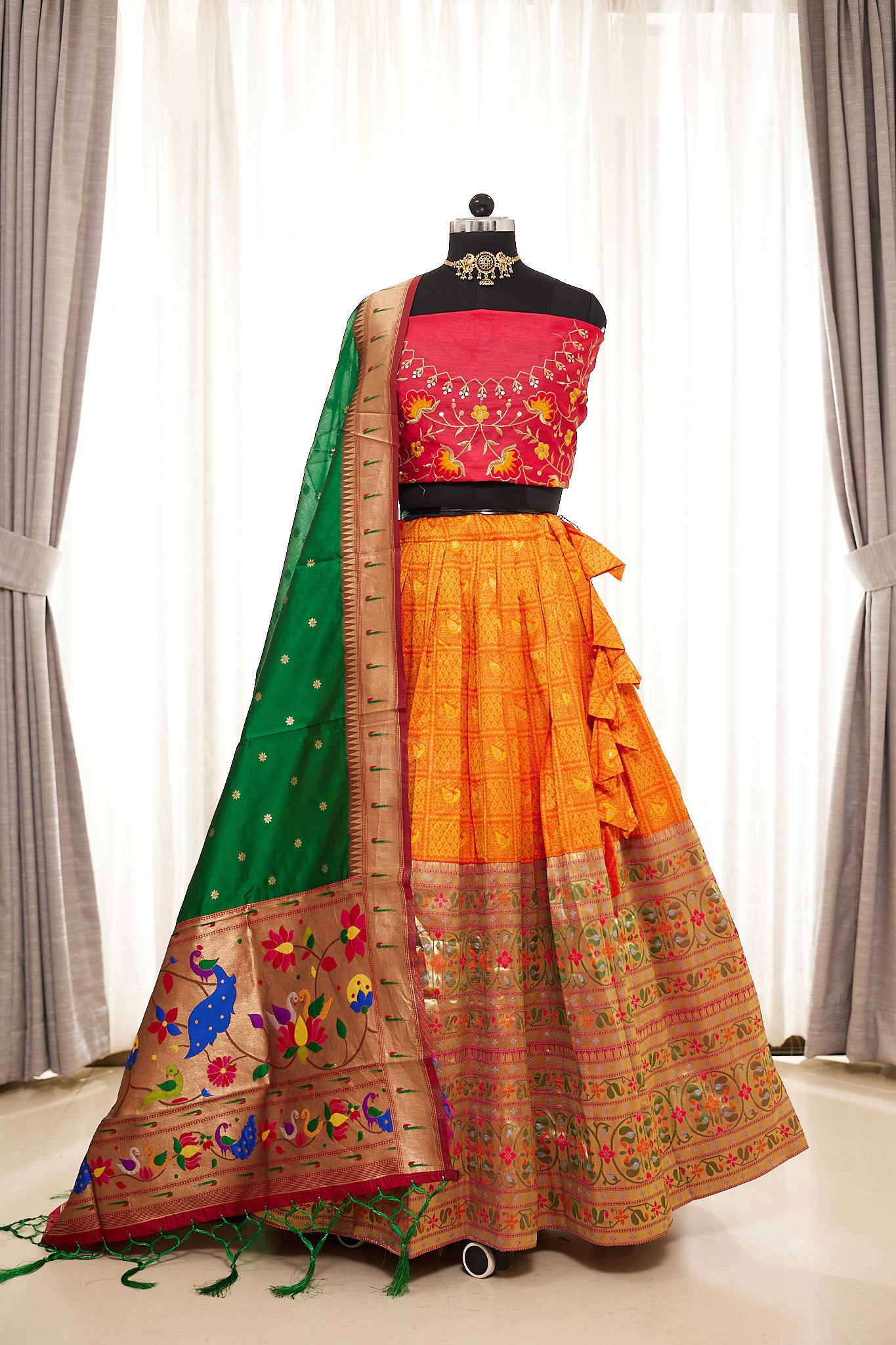 Orange & Green Zari Weaving Paithani Lehenga with Unstitched Blouse & Dupatta