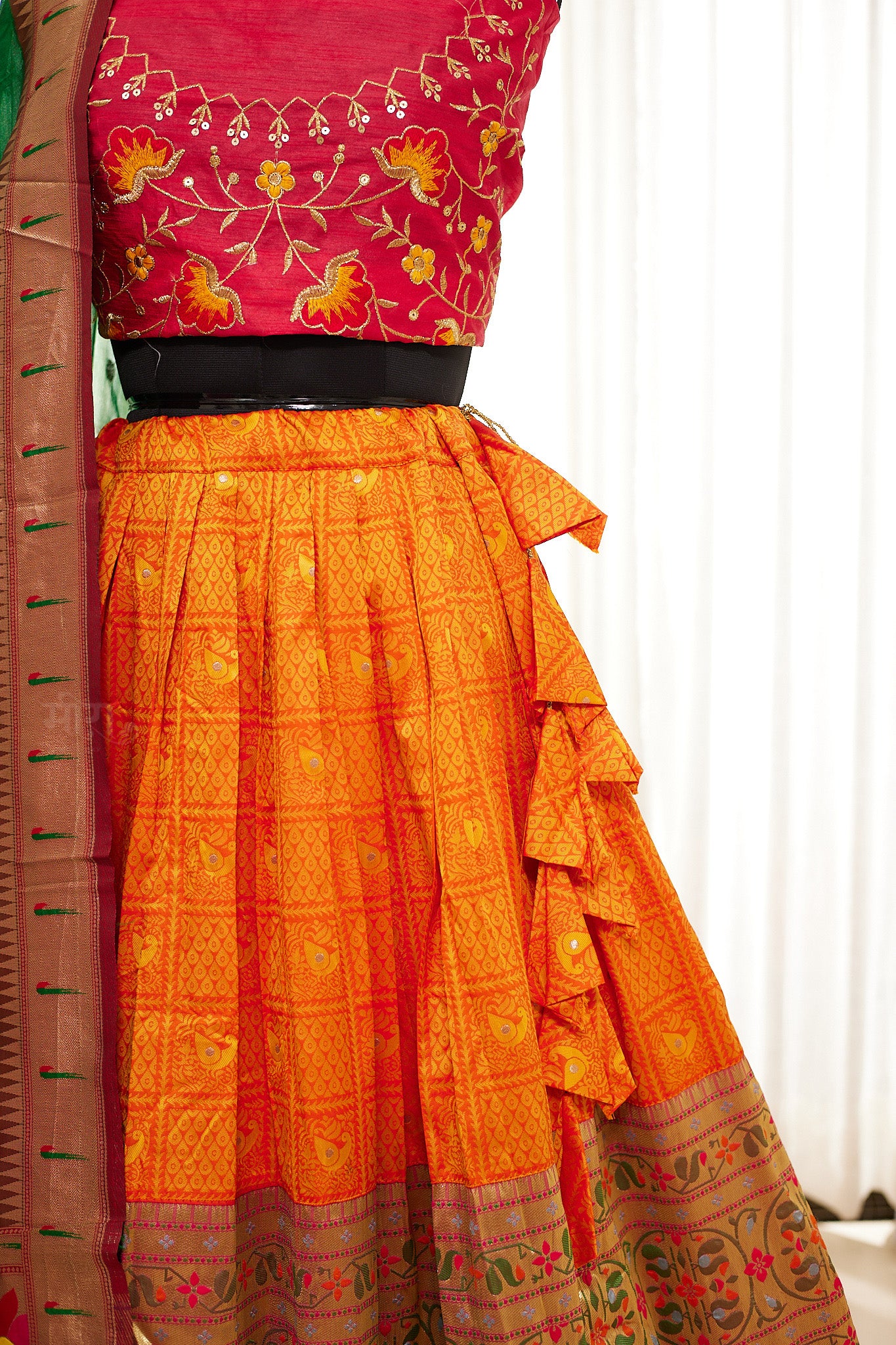 Orange & Green Zari Weaving Paithani Lehenga with Unstitched Blouse & Dupatta
