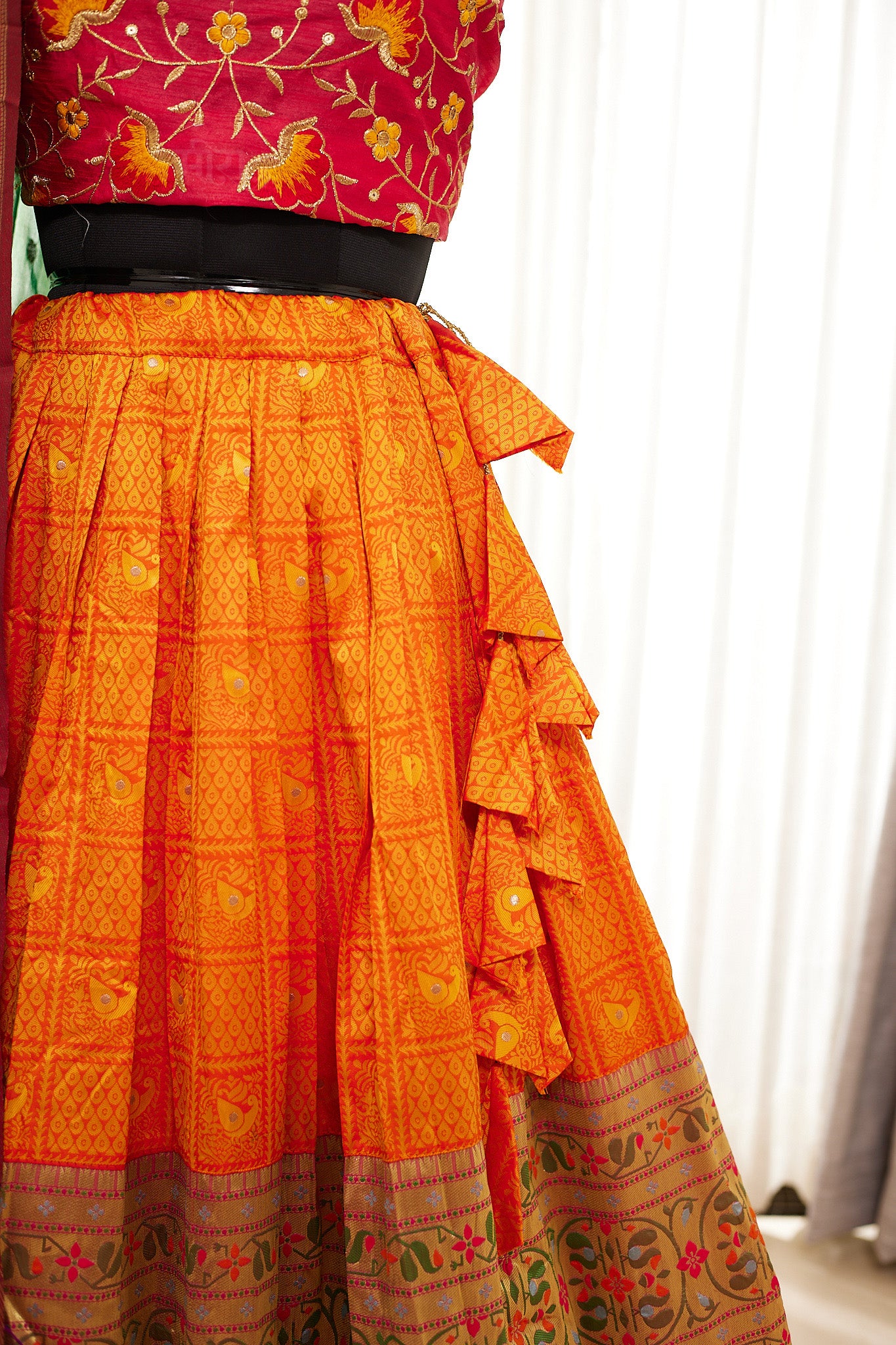 Orange & Green Zari Weaving Paithani Lehenga with Unstitched Blouse & Dupatta