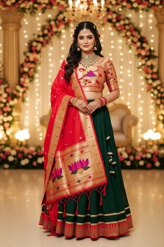 Red & Bottle Green Zari Weaving Paithani Lehenga with Unstitched Blouse & Dupatta