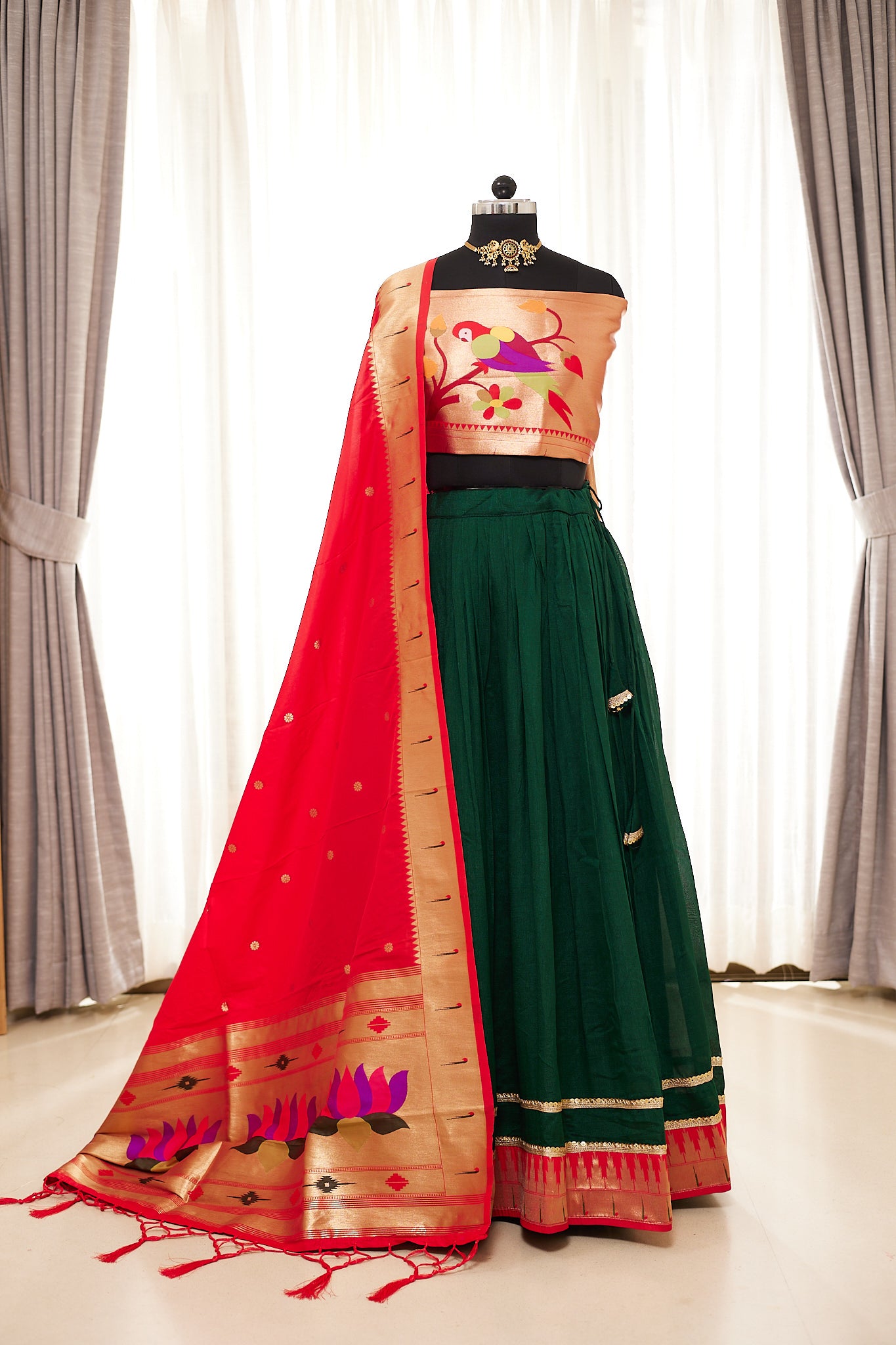 Bottle Green & Red Paithani Lehenga