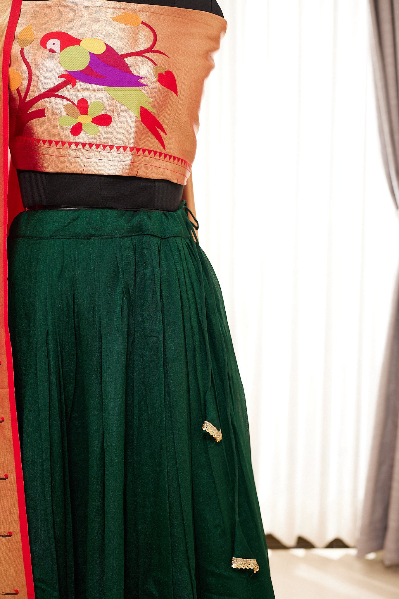 Red & Bottle Green Zari Weaving Paithani Lehenga with Unstitched Blouse & Dupatta