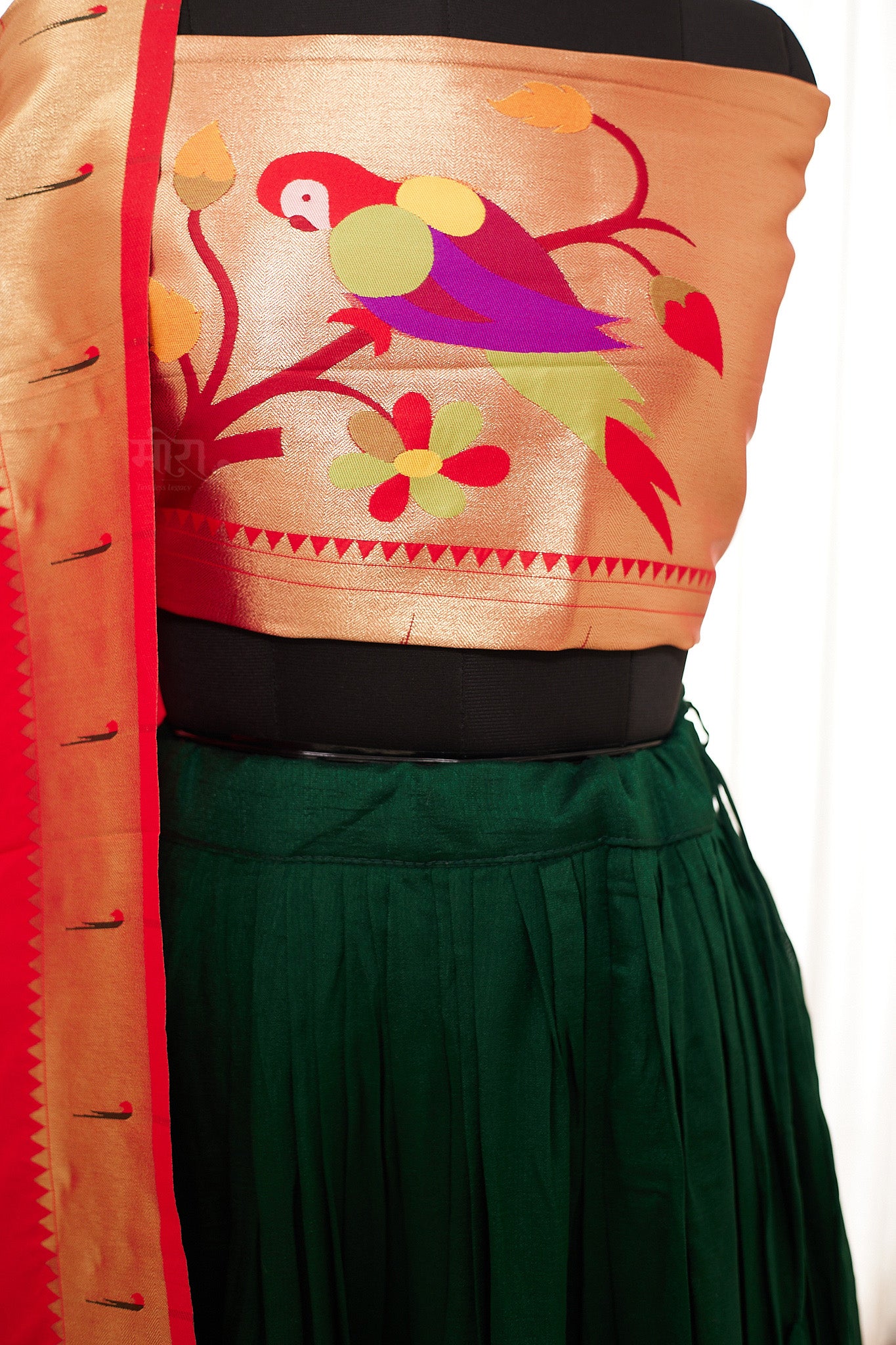 Red & Bottle Green Zari Weaving Paithani Lehenga with Unstitched Blouse & Dupatta