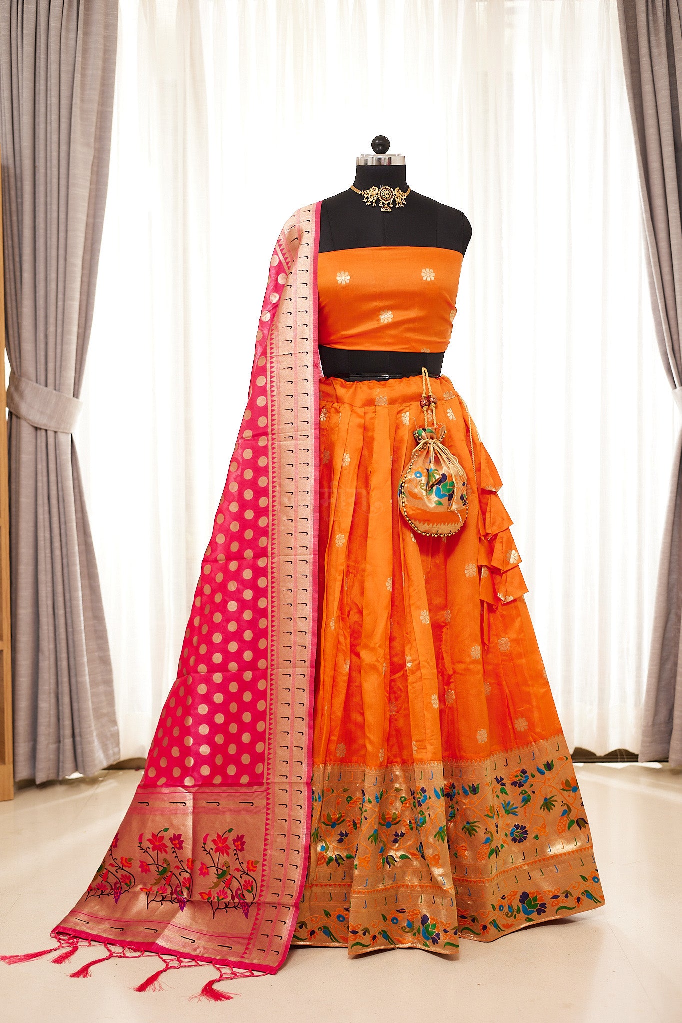 Orange & Pink Zari Weaving Paithani Lehenga with Unstitched Blouse & Dupatta