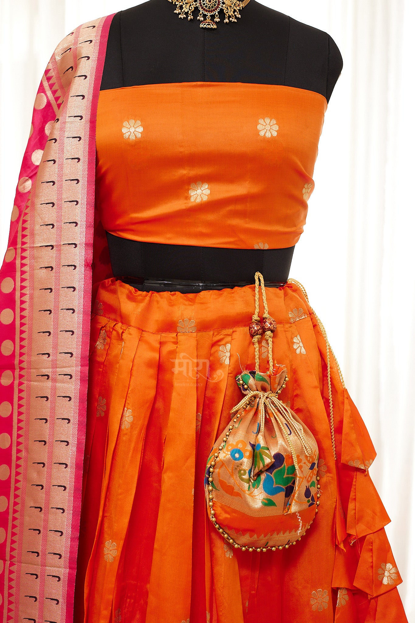 Orange & Pink Zari Weaving Paithani Lehenga with Unstitched Blouse & Dupatta