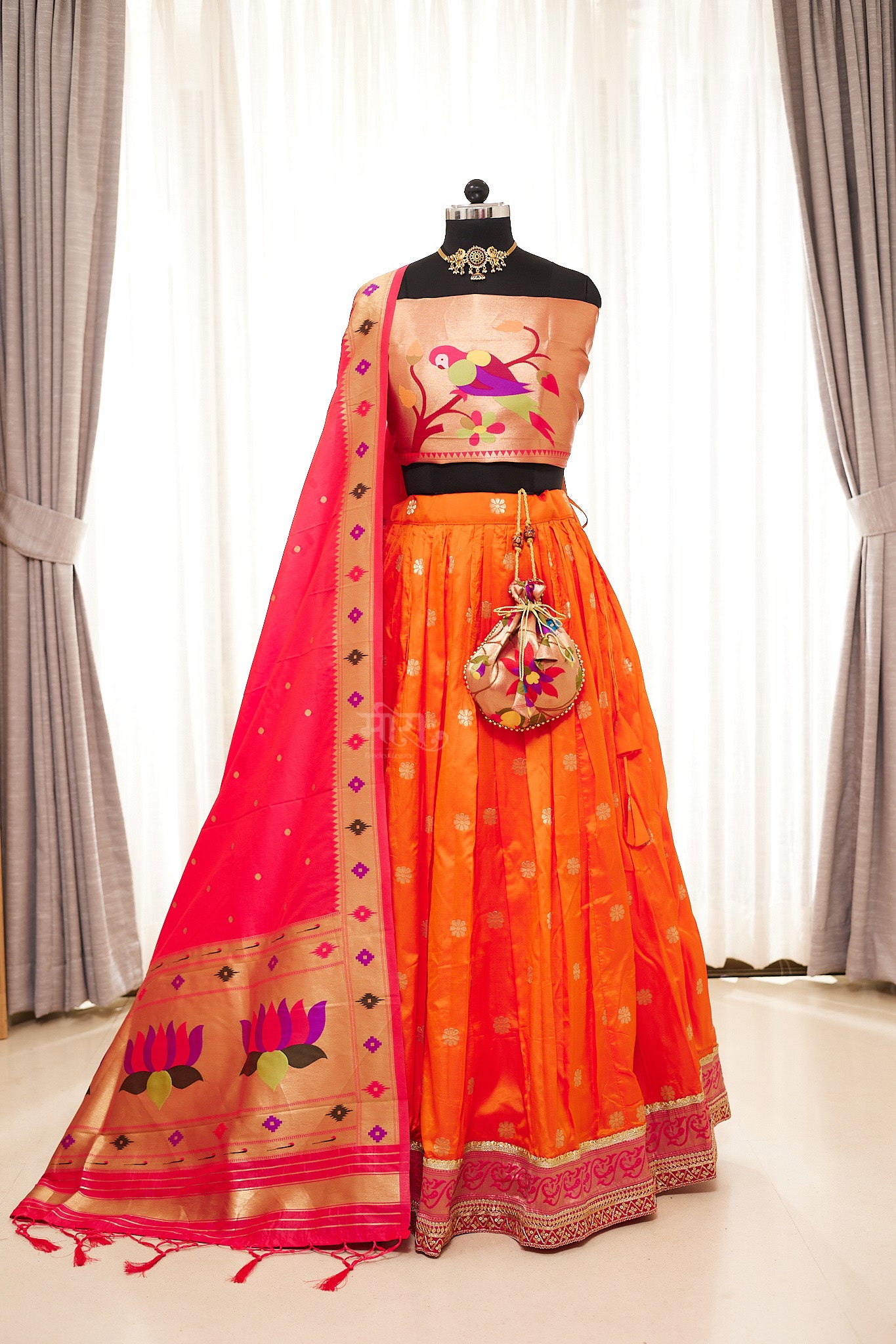 Orange & Rani Pink Zari Weaving Paithani Lehenga with Unstitched Blouse & Dupatta