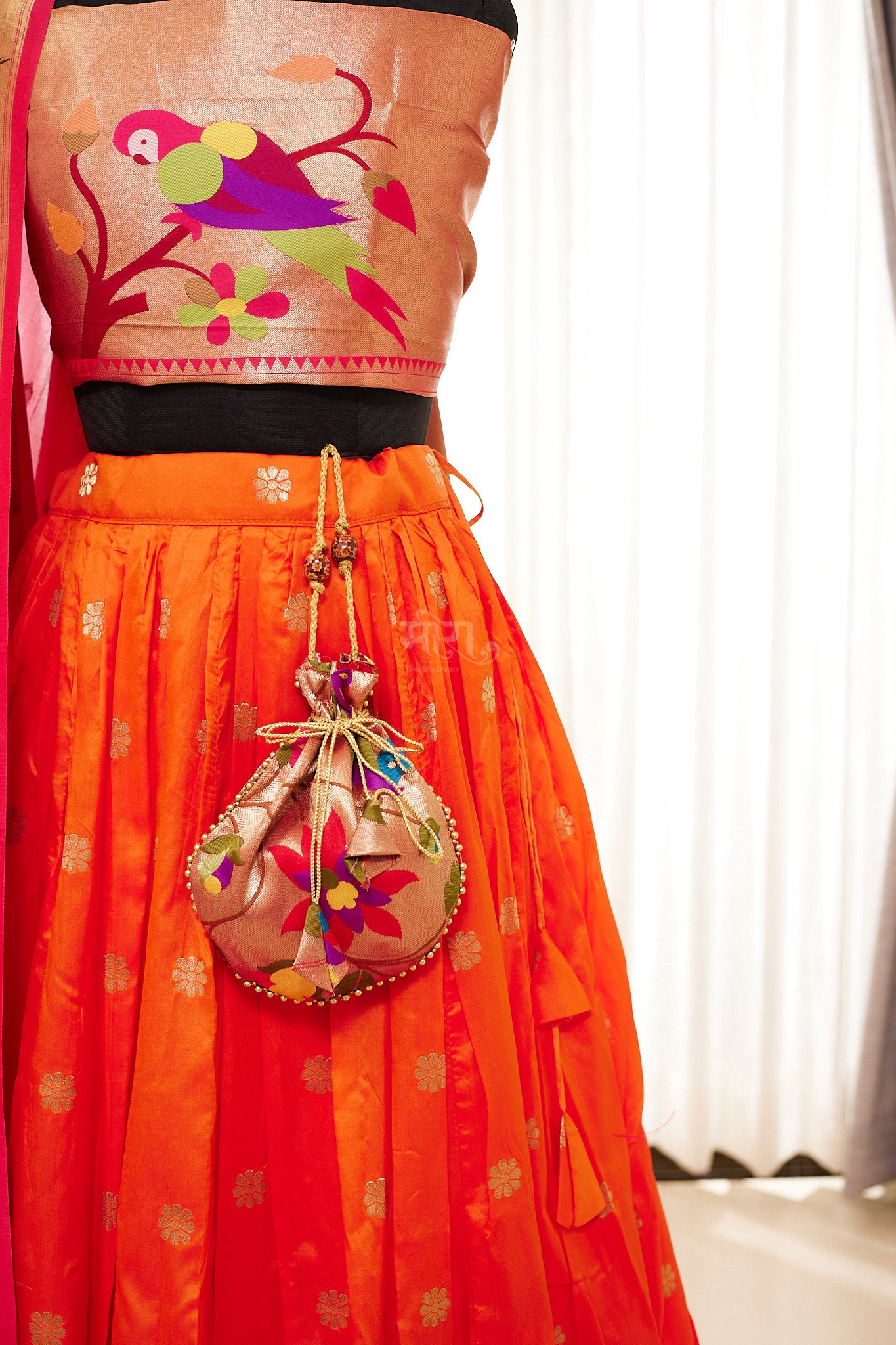 Orange & Rani Pink Zari Weaving Paithani Lehenga with Unstitched Blouse & Dupatta