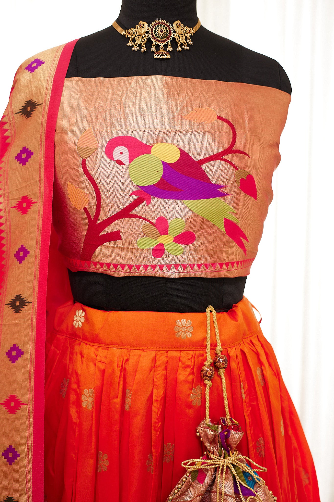 Orange & Rani Pink Zari Weaving Paithani Lehenga with Unstitched Blouse & Dupatta