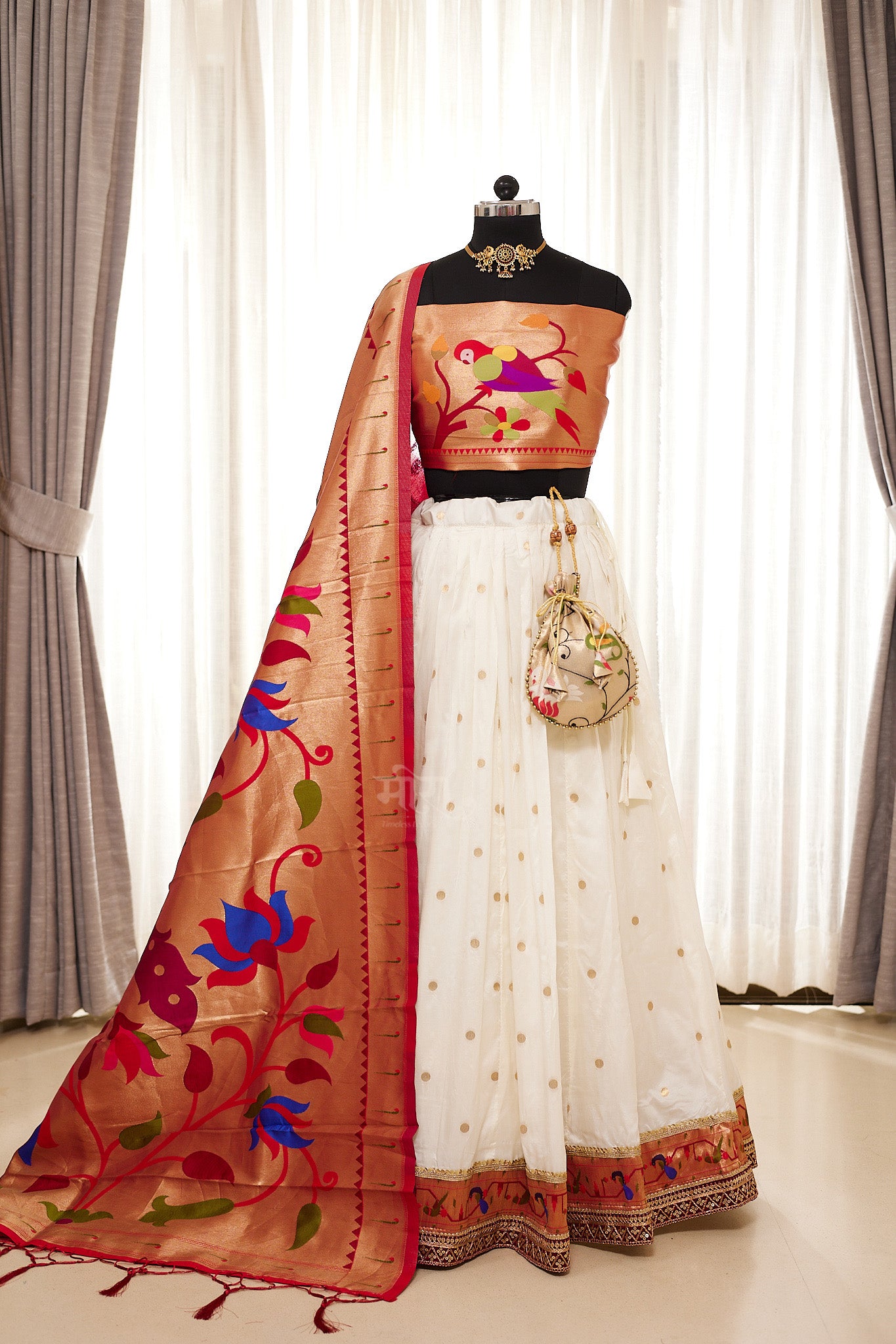 White Zari Weaving Paithani Lehenga with Unstitched Blouse & Dupatta