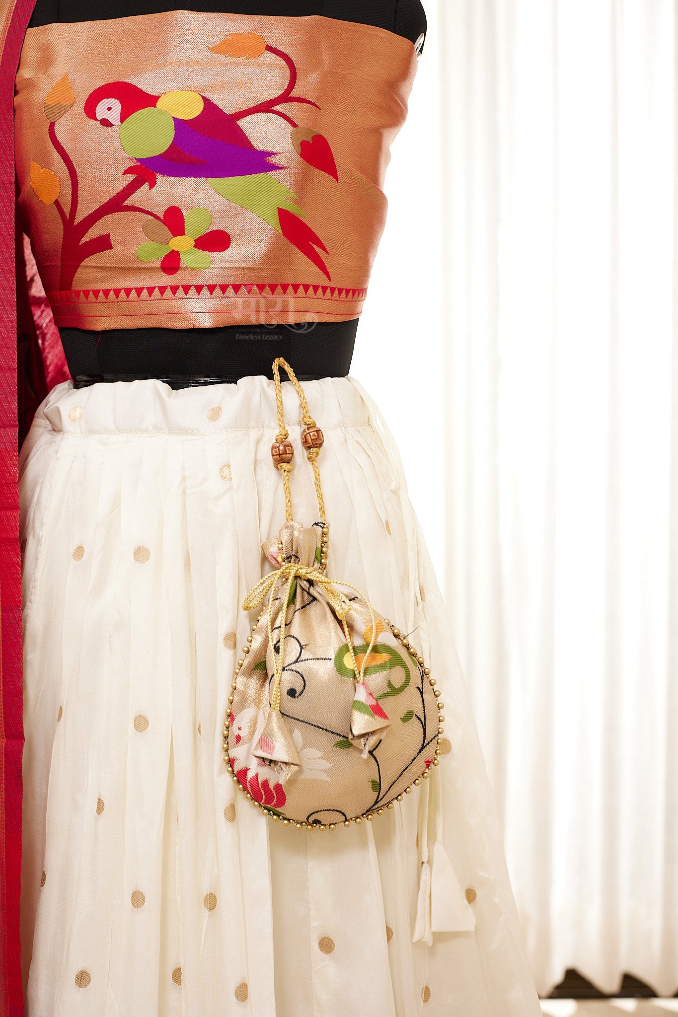White Zari Weaving Paithani Lehenga with Unstitched Blouse & Dupatta
