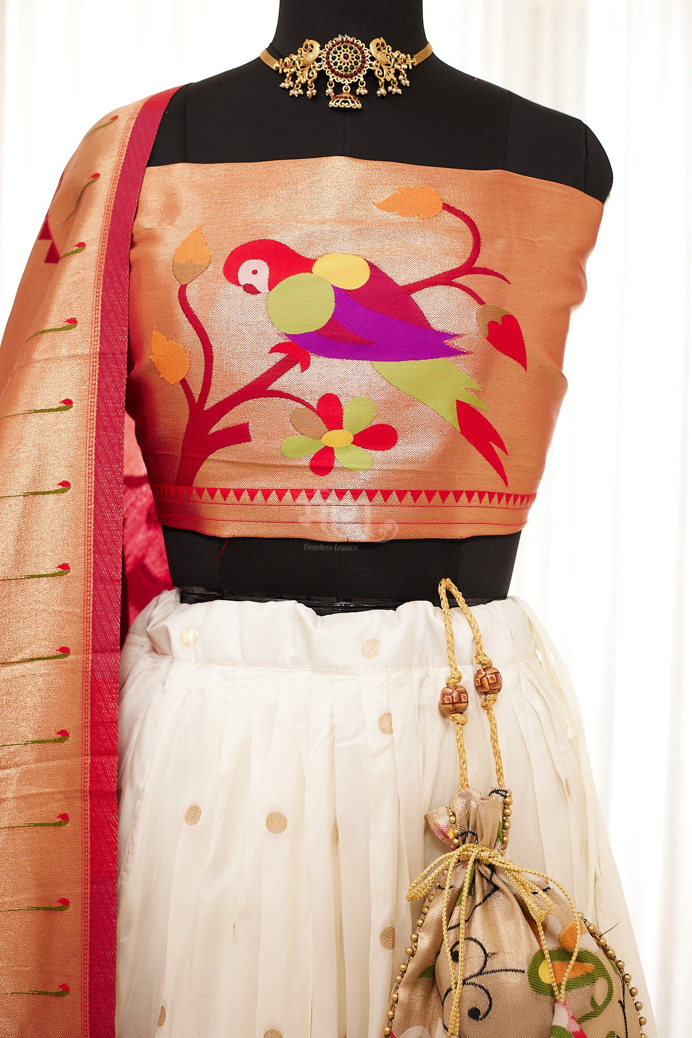 White Zari Weaving Paithani Lehenga with Unstitched Blouse & Dupatta