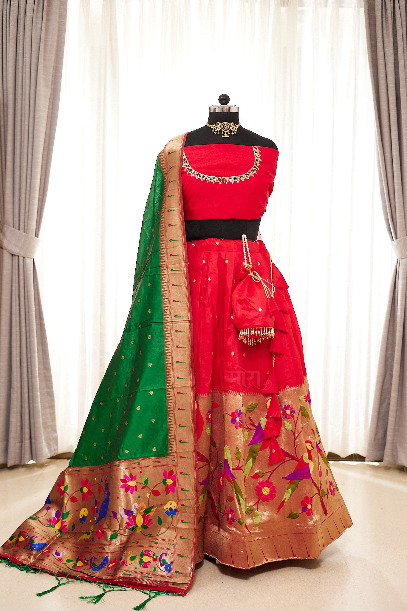 Red & Green Zari Weaving Paithani Lehenga with Unstitched Blouse & Dupatta