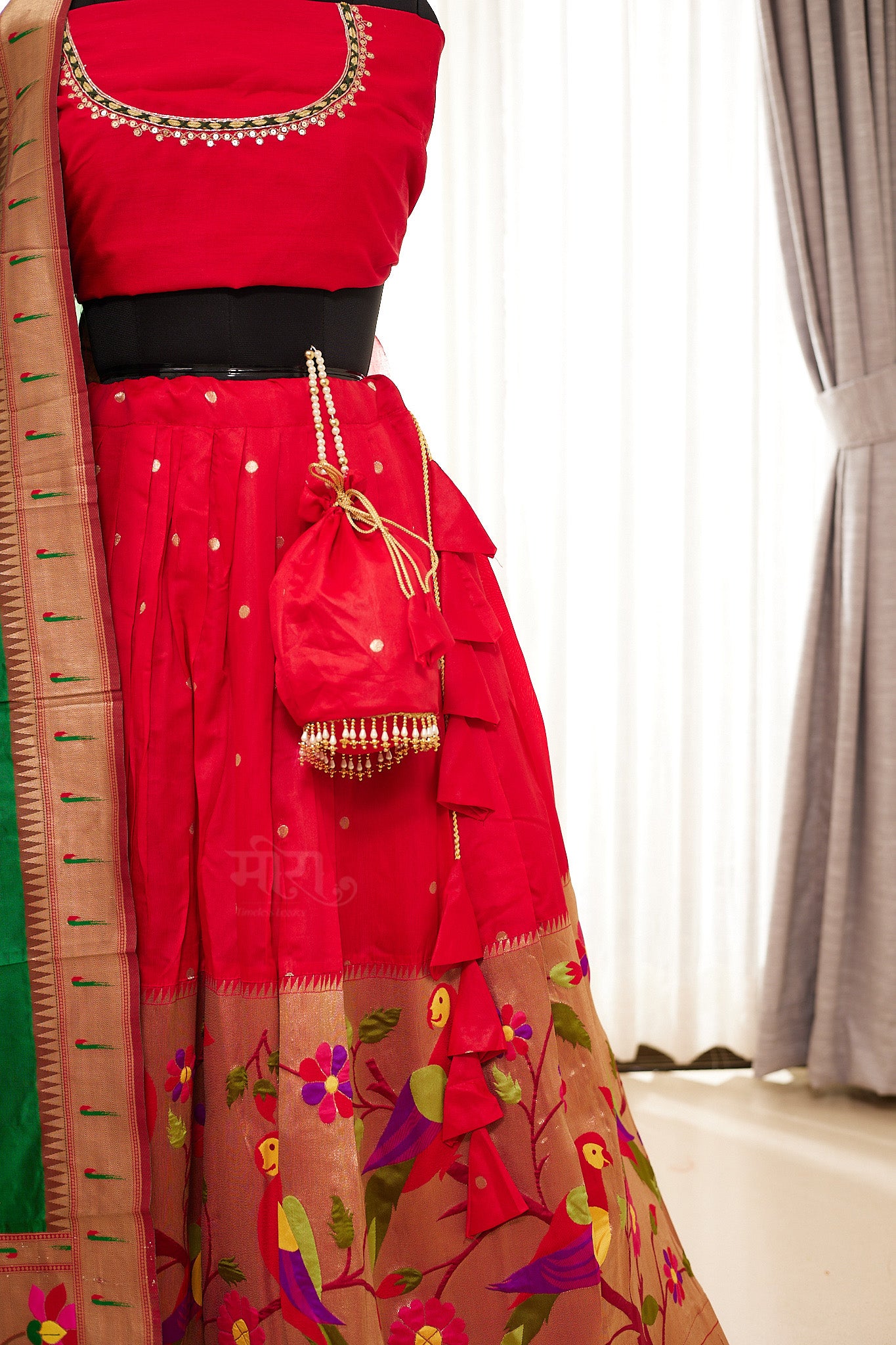 Red & Green Zari Weaving Paithani Lehenga with Unstitched Blouse & Dupatta