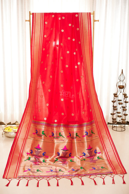 Red Nauvari Kanjivaram Silk blend Paithani Saree with unstitched blouse