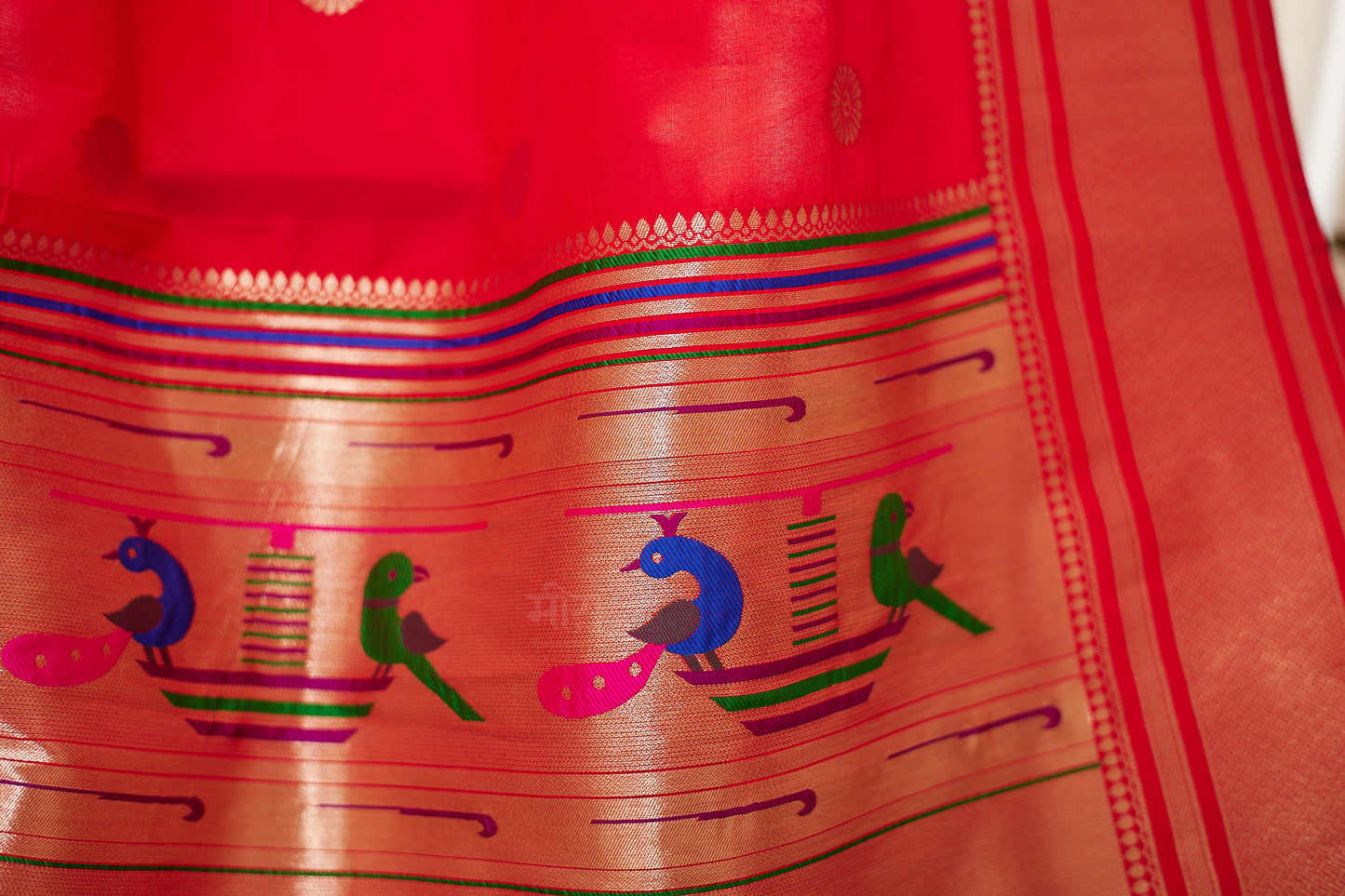 Red Nauvari Kanjivaram Silk blend Paithani Saree with unstitched blouse