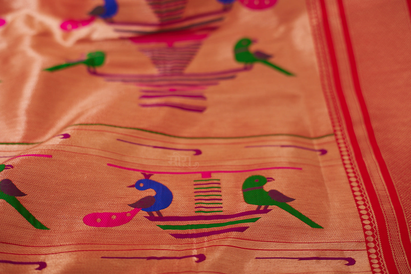 Red Nauvari Kanjivaram Silk blend Paithani Saree with unstitched blouse