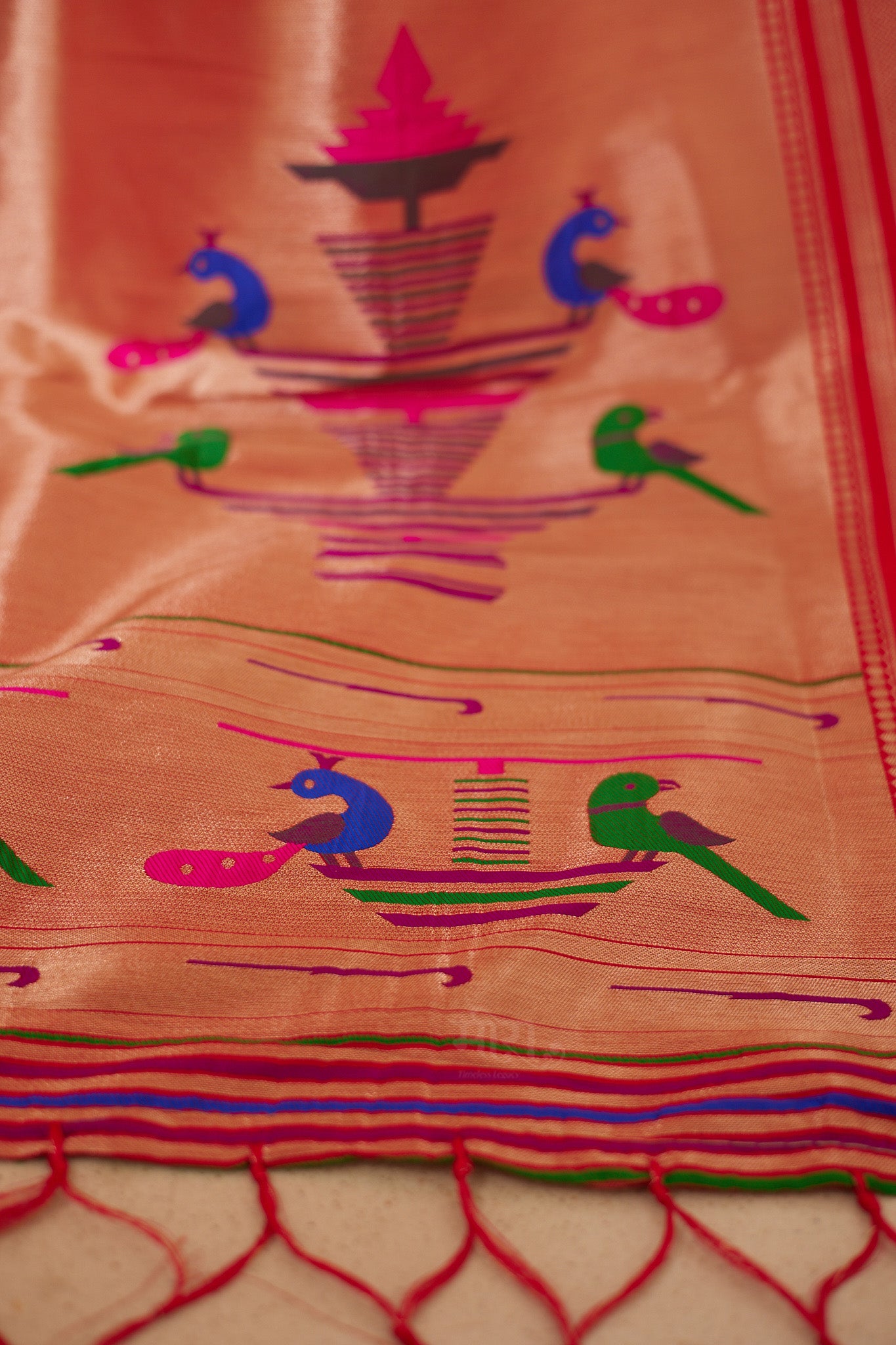 Red Nauvari Kanjivaram Silk blend Paithani Saree with unstitched blouse