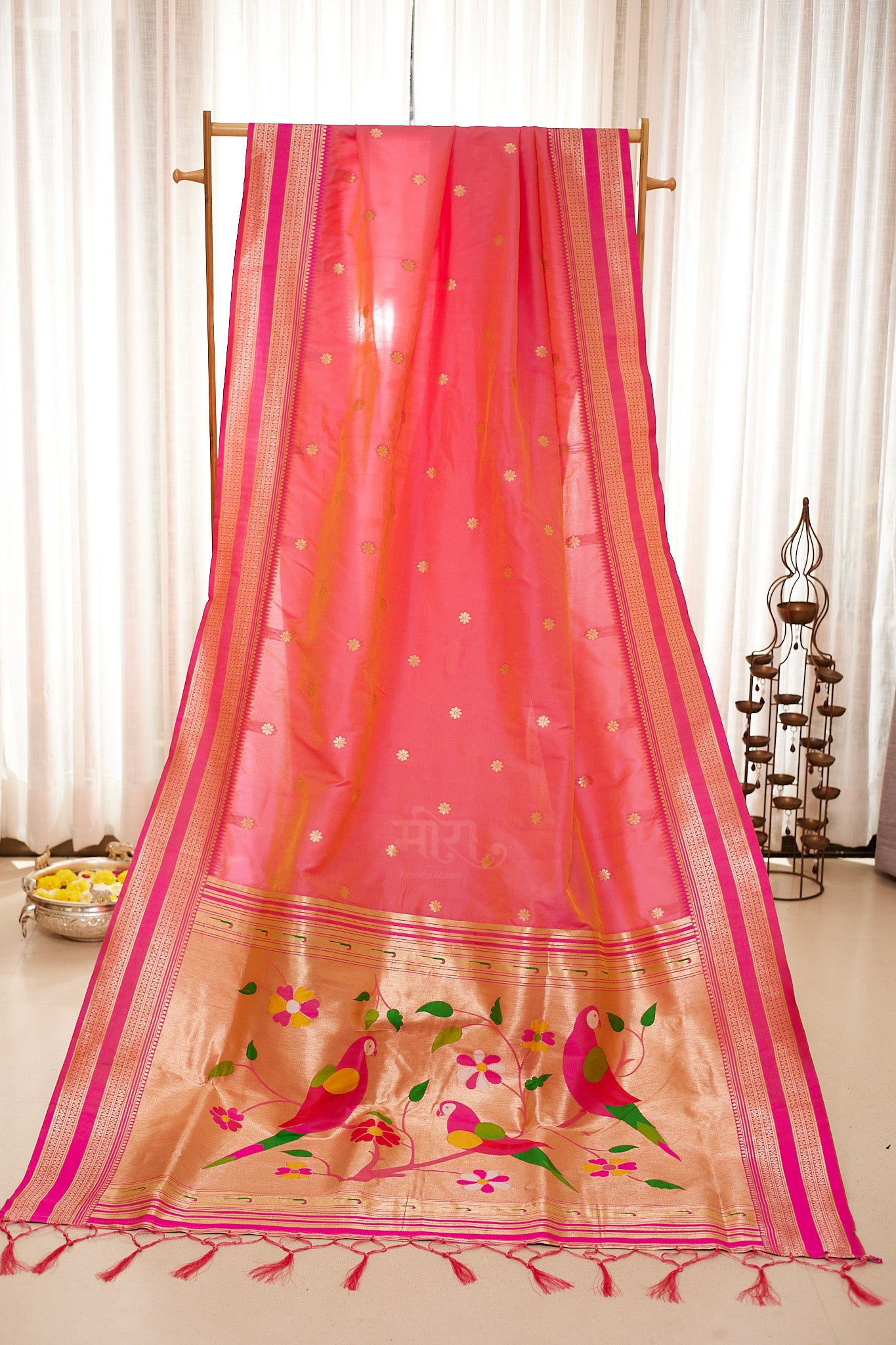 Rose Pink Nauvari Kanjivaram Silk blend Paithani Saree with unstitched blouse